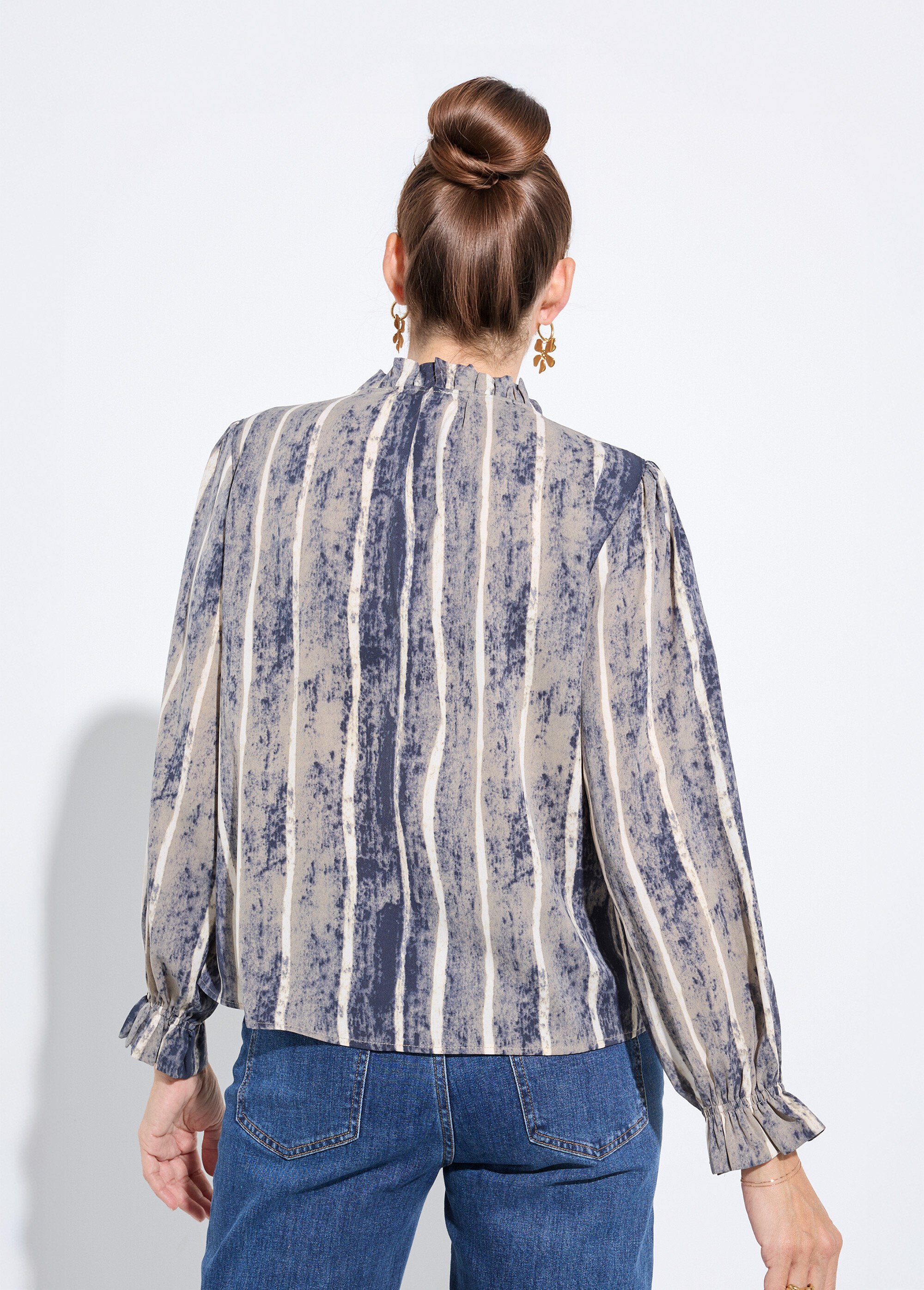 Chemisier col montant plissé, imprimé rayé Femme Gris IA-R5981 DO1