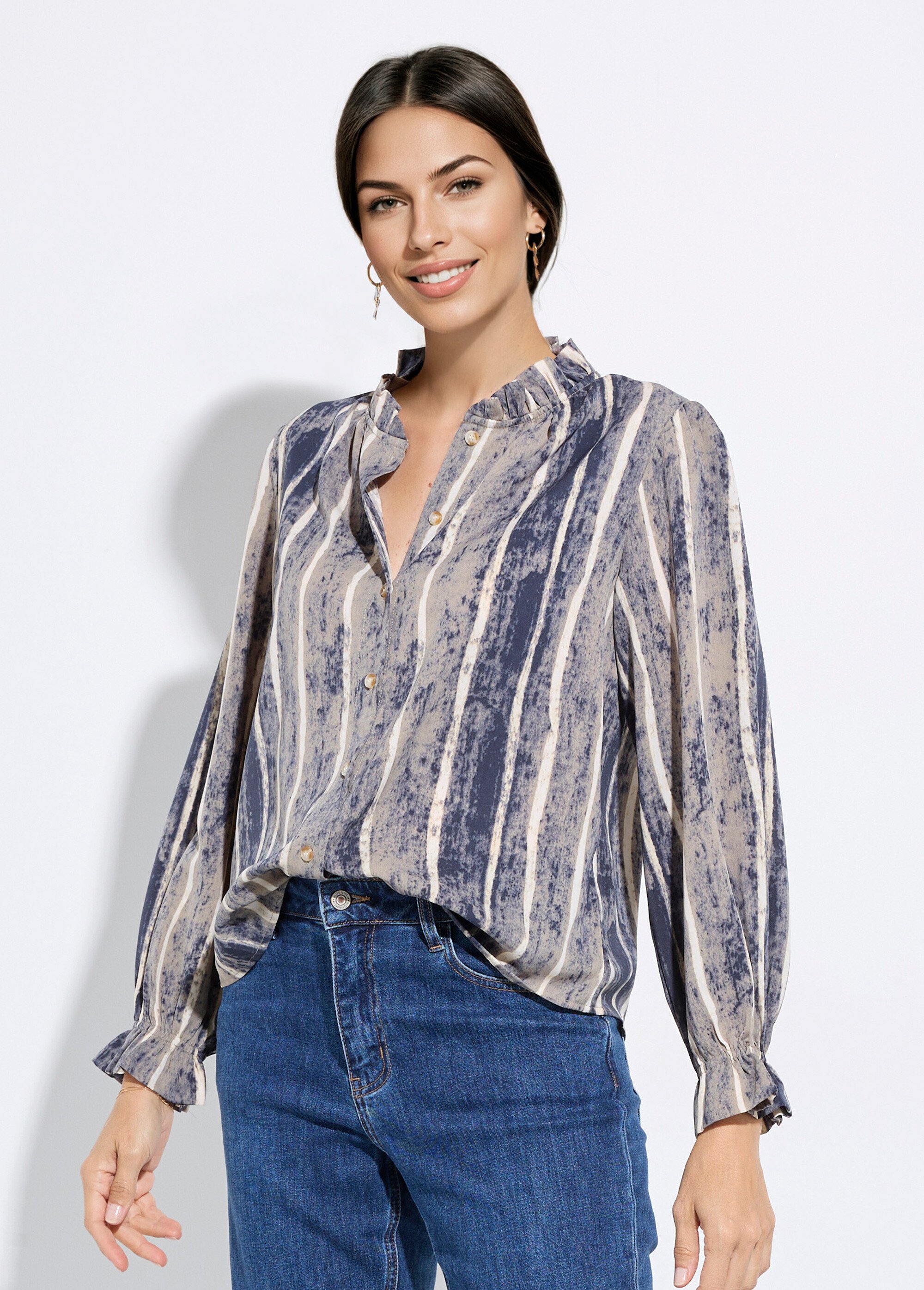 Chemisier col montant plissé, imprimé rayé Femme Gris IA-R5981 FA1