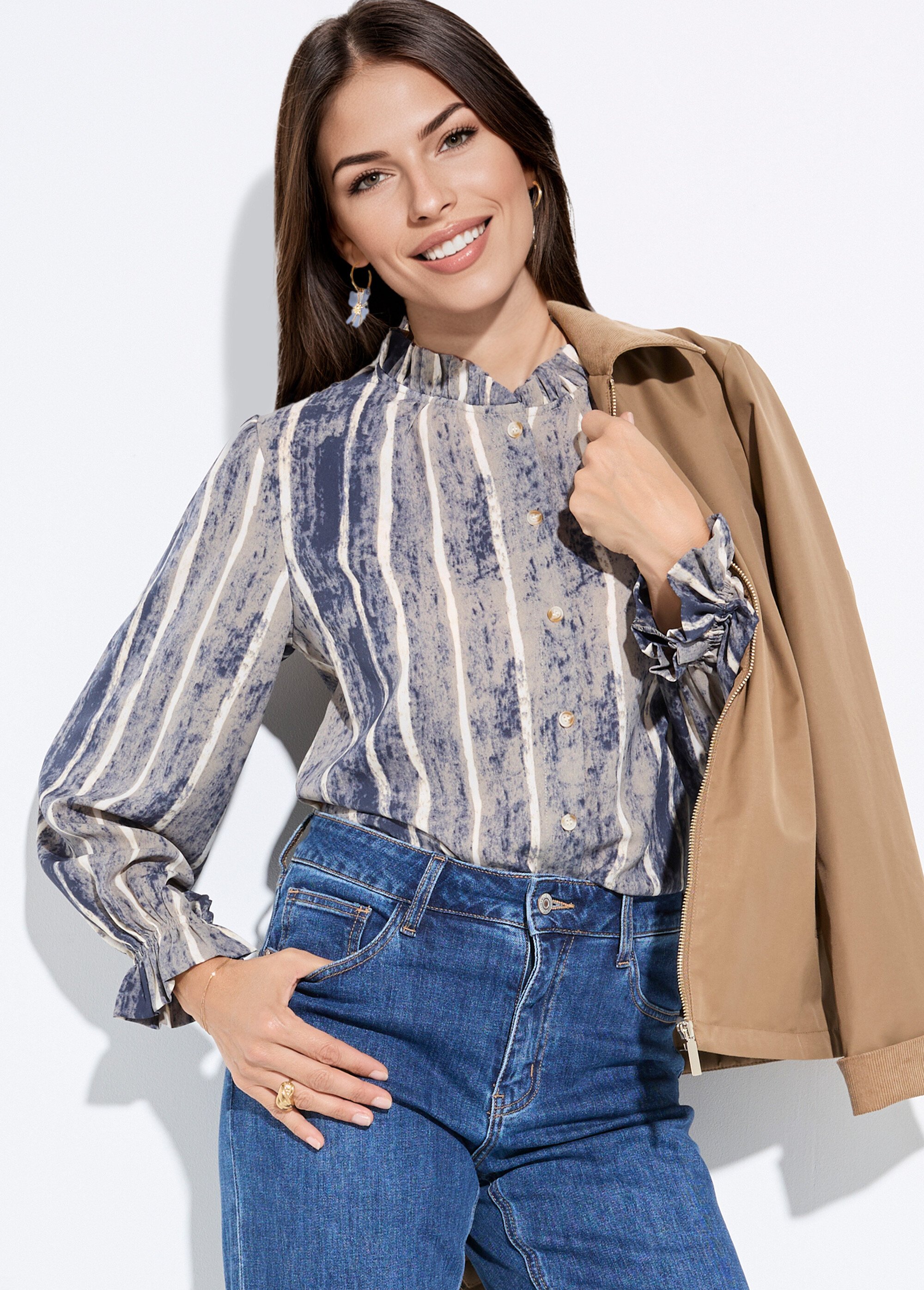 Chemisier col montant plissé, imprimé rayé