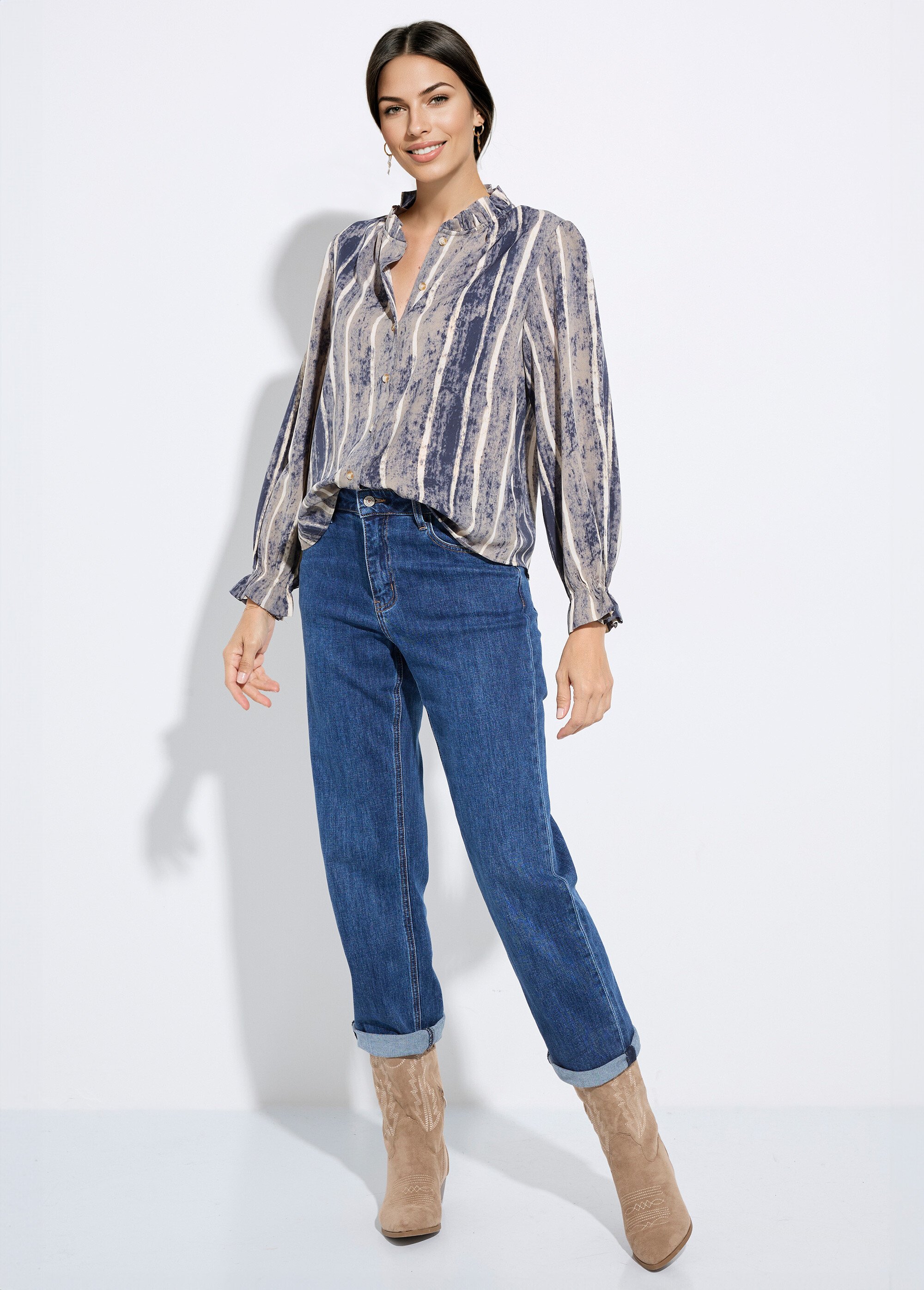 Chemisier col montant plissé, imprimé rayé Femme Gris IA-R5981 SF1