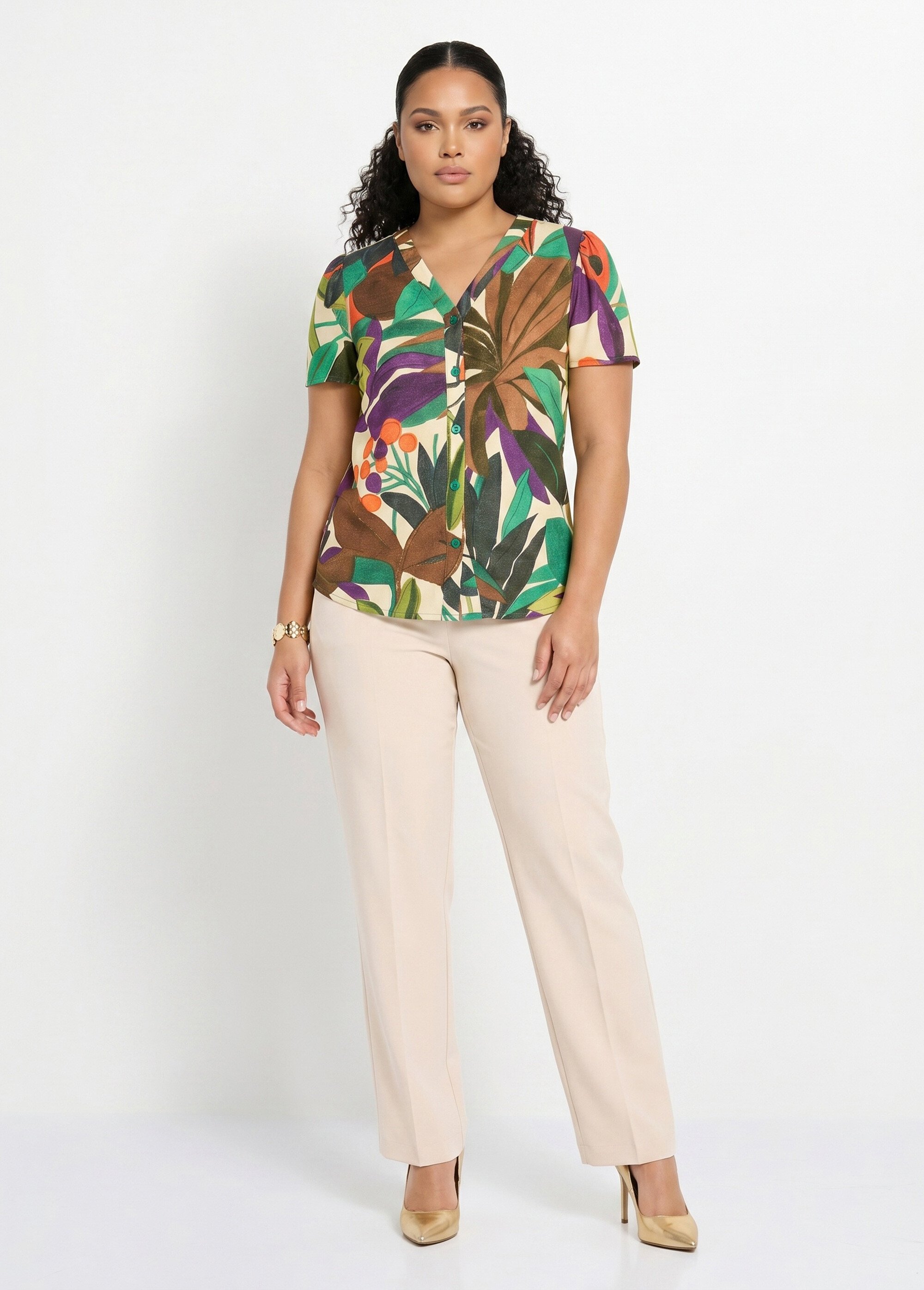 Chemisier col V imprimé végétal manches courtes Femme Grande Taille MULTICOLORE CAVANI SI1