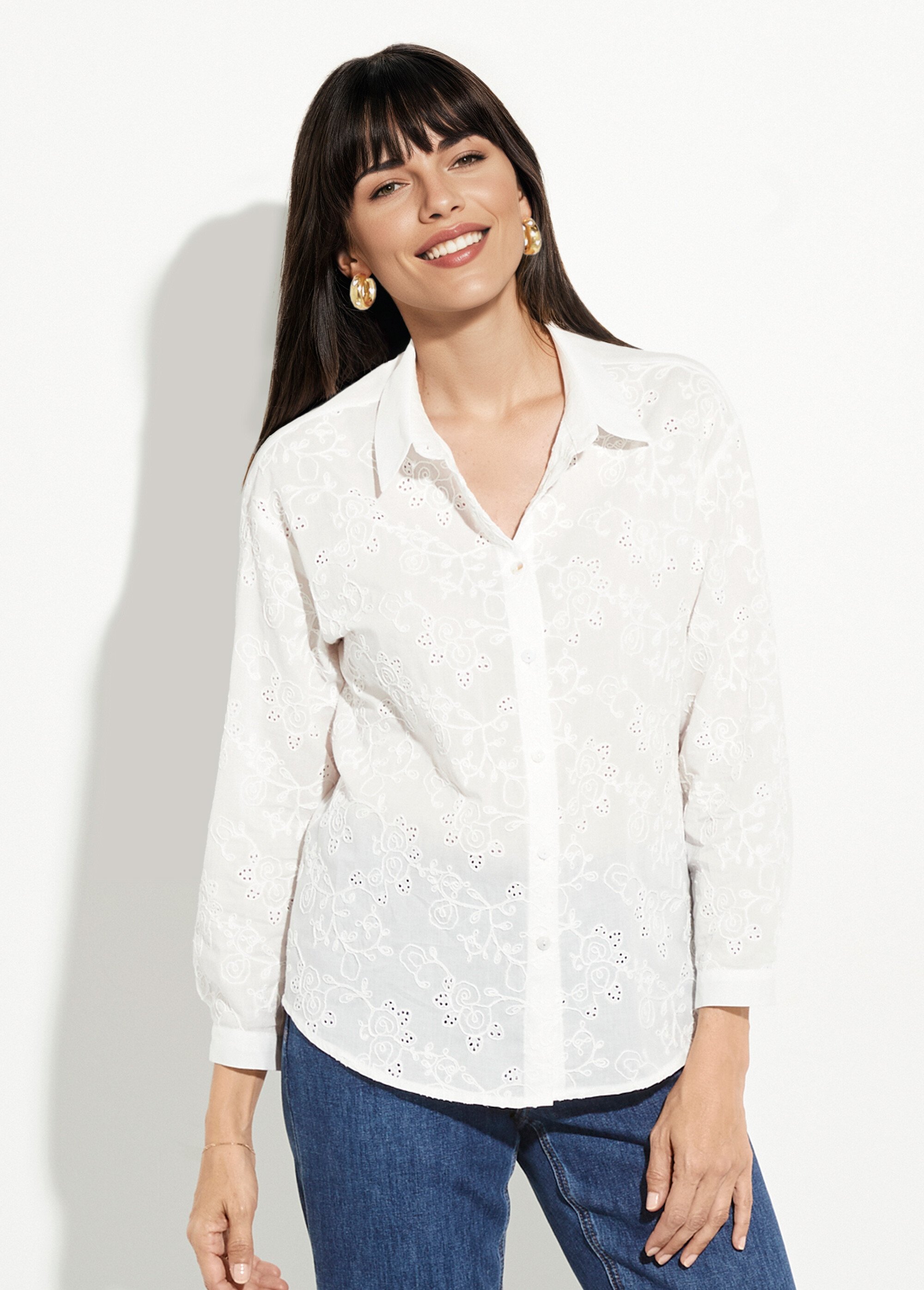 Chemisier coton rebrodé, motif fleuri Femme Blanc IA-Q3046 FA1