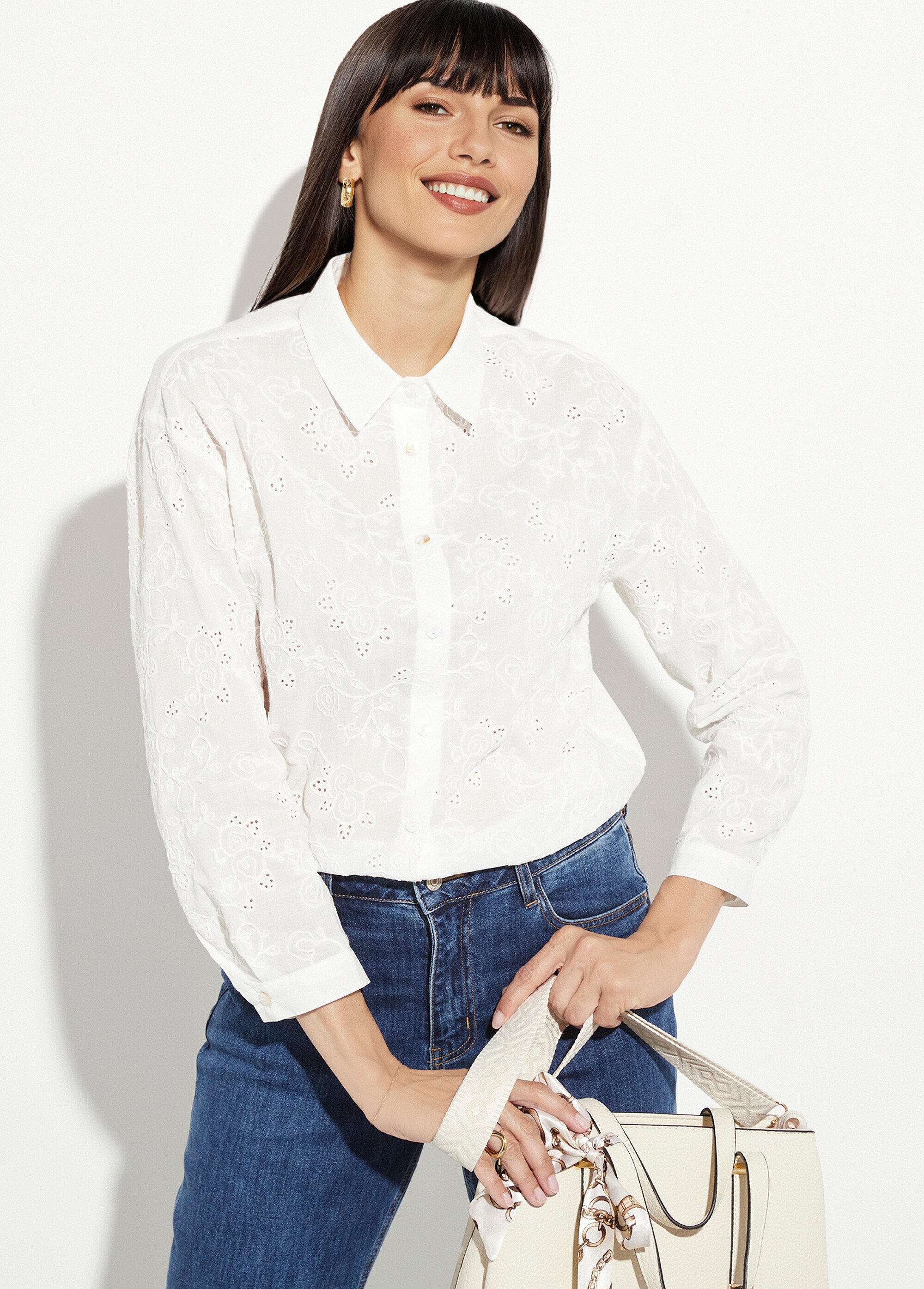 Chemisier coton rebrodé, motif fleuri Femme Blanc IA-Q3046 MV1