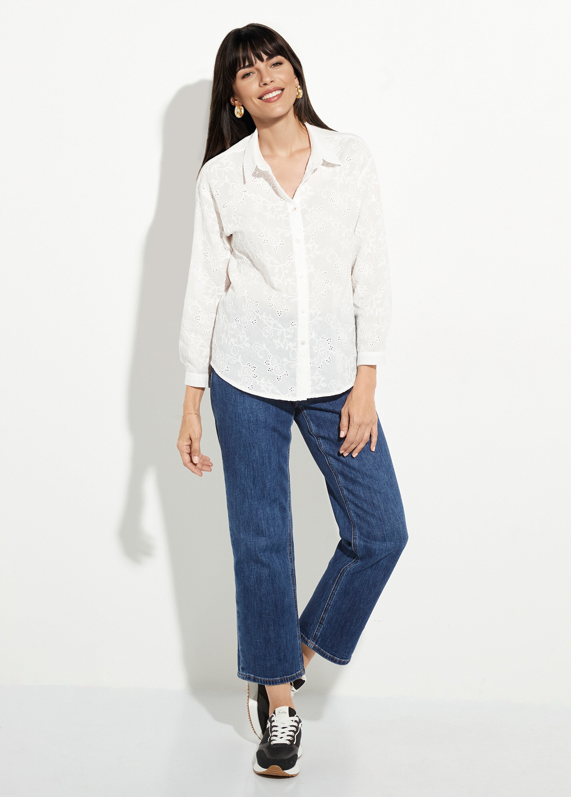 Chemisier coton rebrodé, motif fleuri Femme Blanc IA-Q3046 SF1
