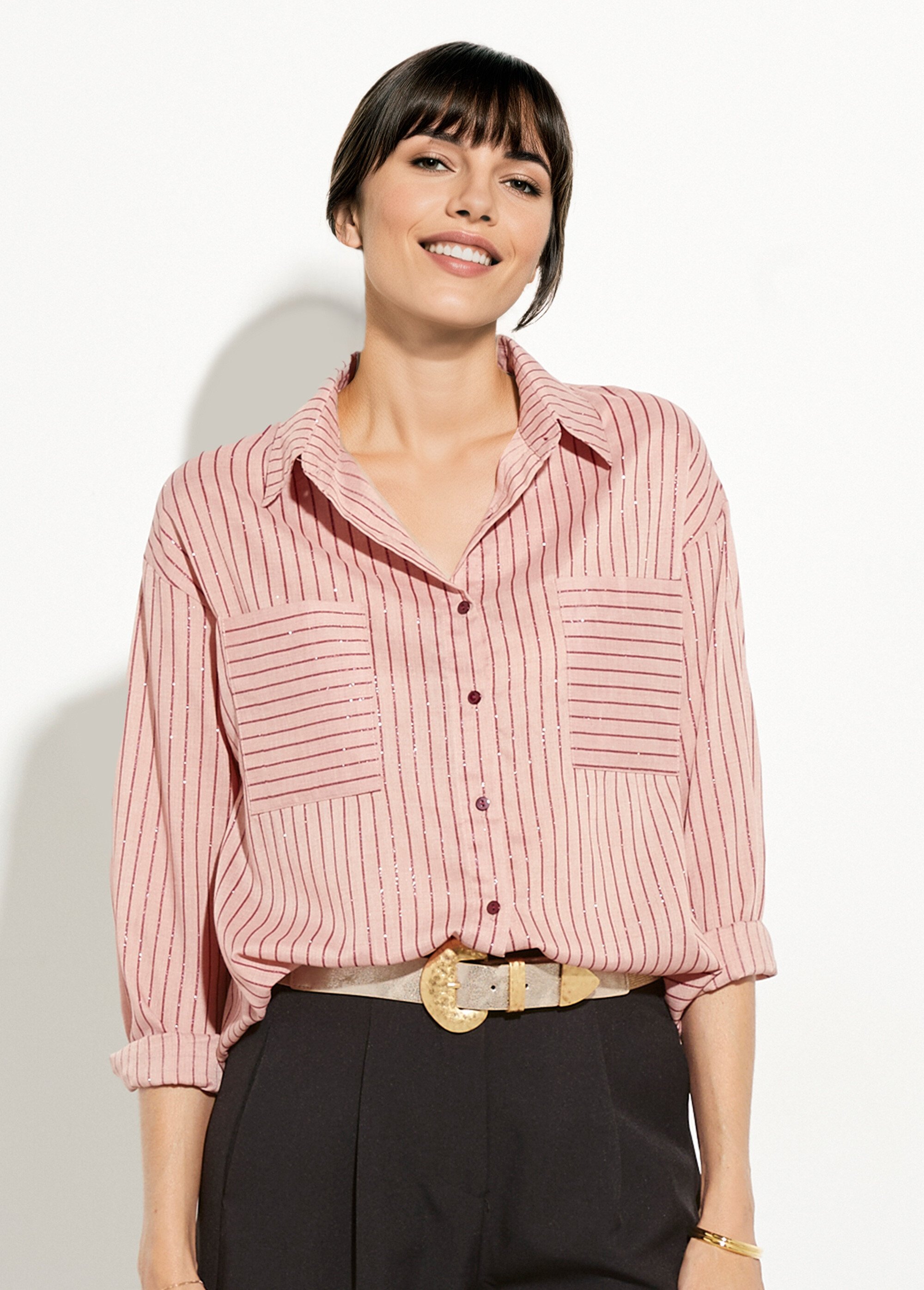 Chemisier rayures pailletées, voile fin Femme Rose IA-T026 FA1