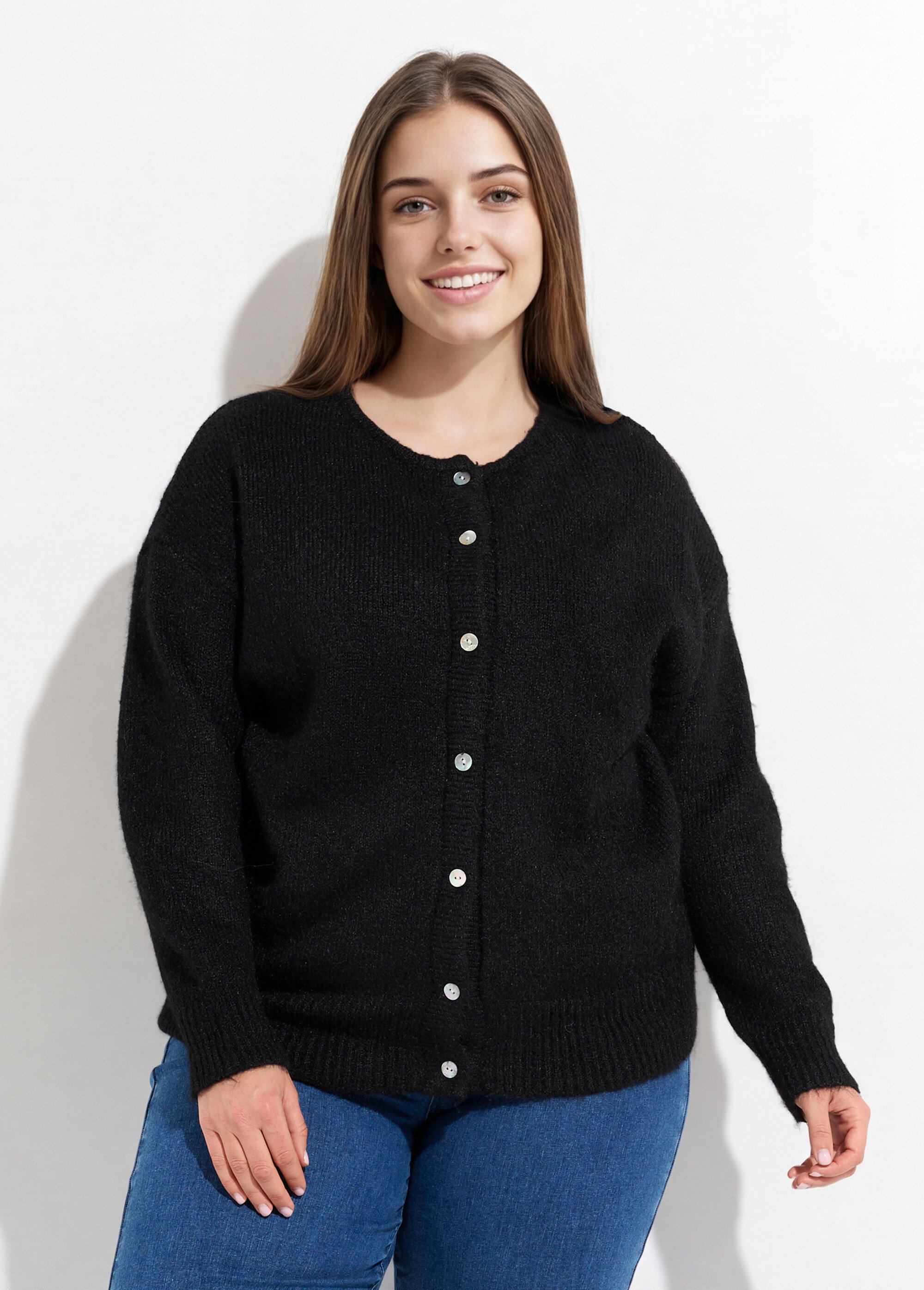 Gilet chaud col rond, maille avec laine Femme Grande Taille Noir MA-68389-5 FA1