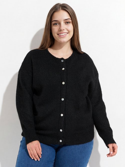 Gilet chaud col rond, maille avec laine Femme Grande Taille Noir MA-68389-5 FA1