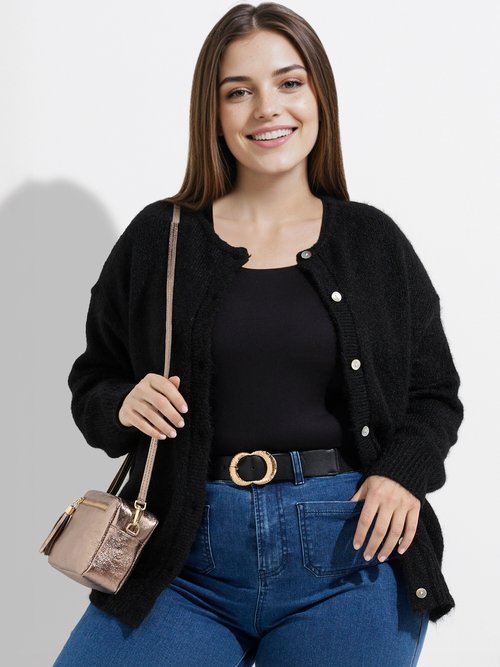 Gilet chaud col rond, maille avec laine Femme Grande Taille Noir MA-68389-5 MV1