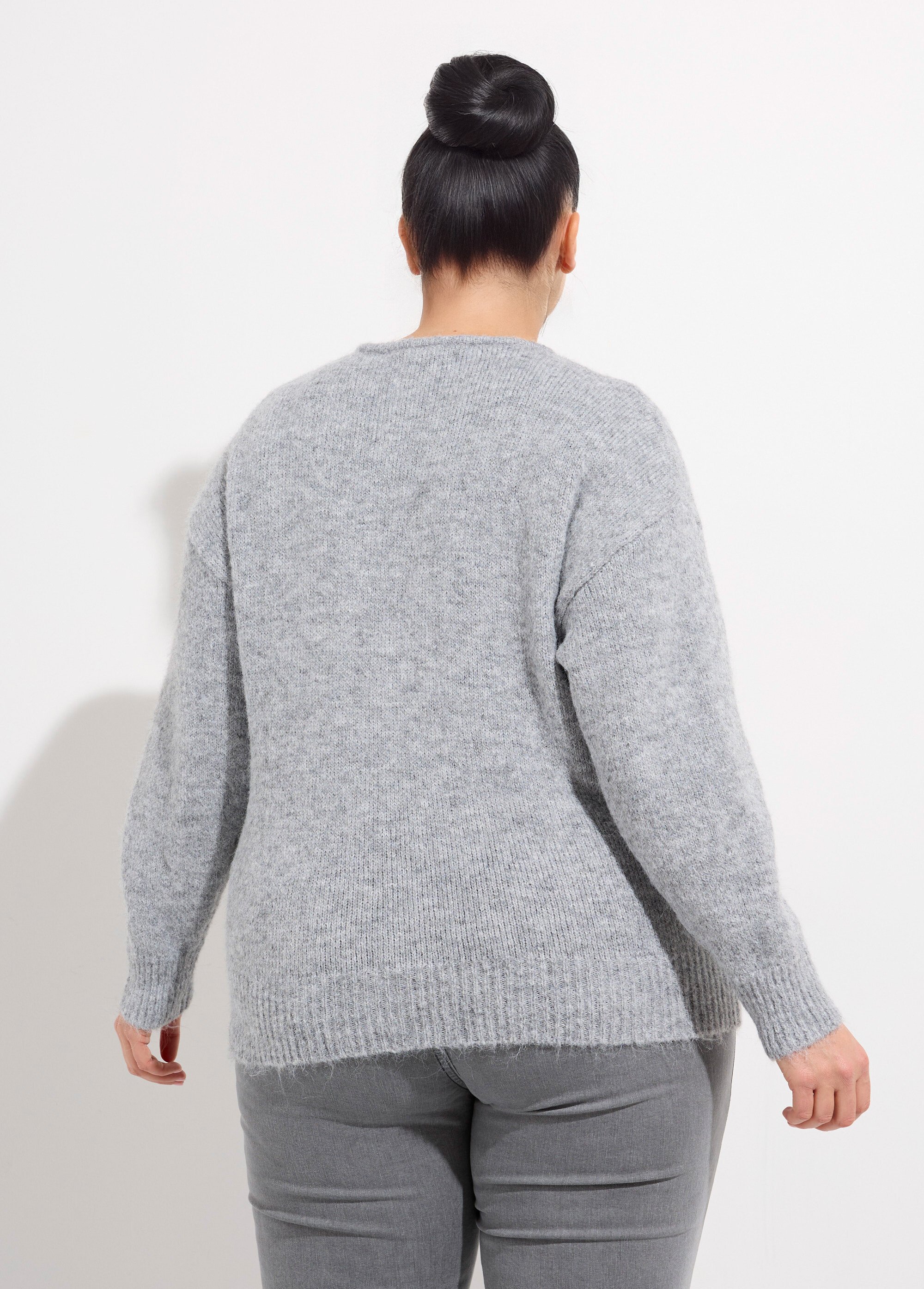 Gilet chaud col rond, maille avec laine Femme Grande Taille Gris MA-68389-5 DO1