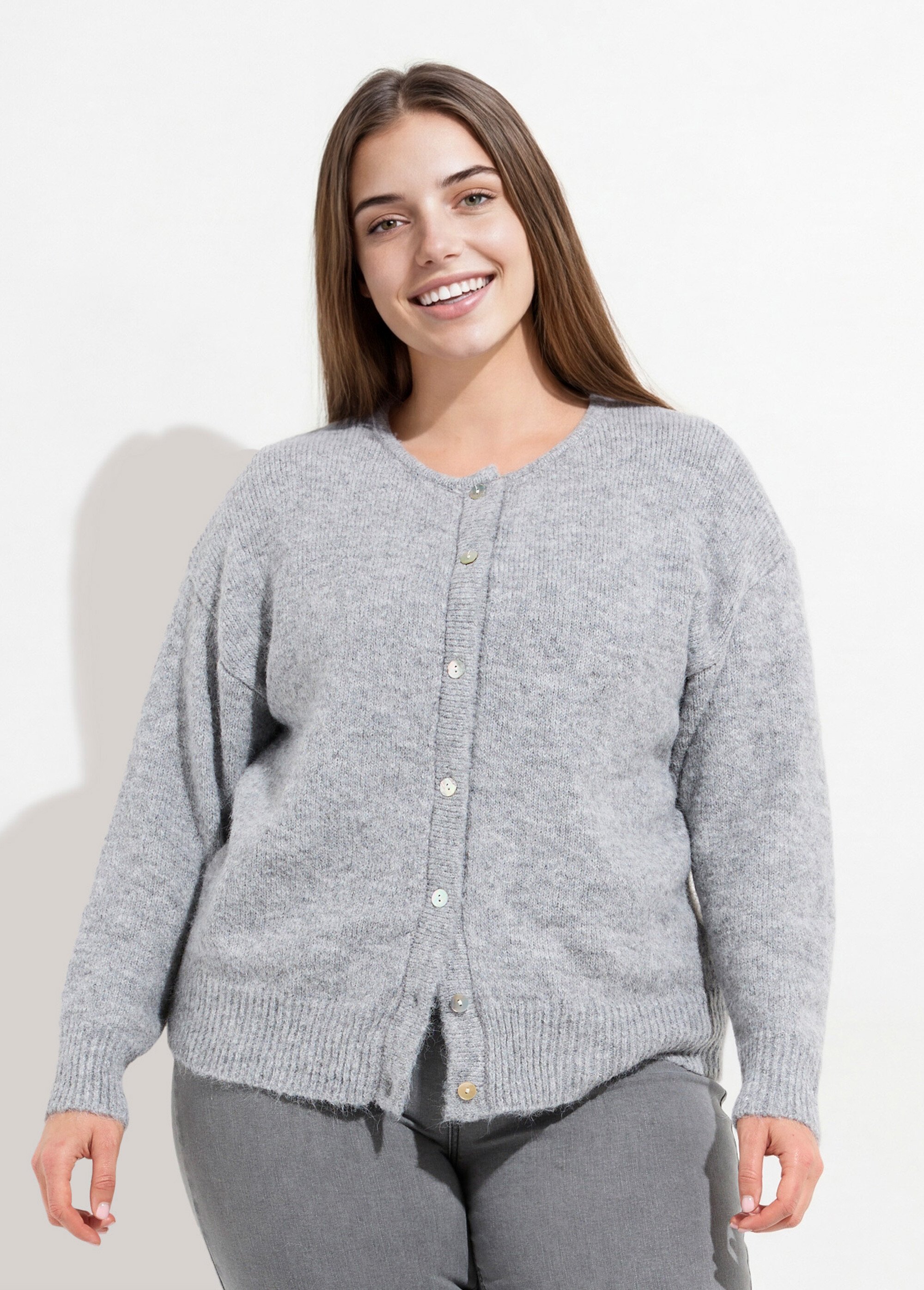 Gilet chaud col rond, maille avec laine Femme Grande Taille Gris MA-68389-5 FA1