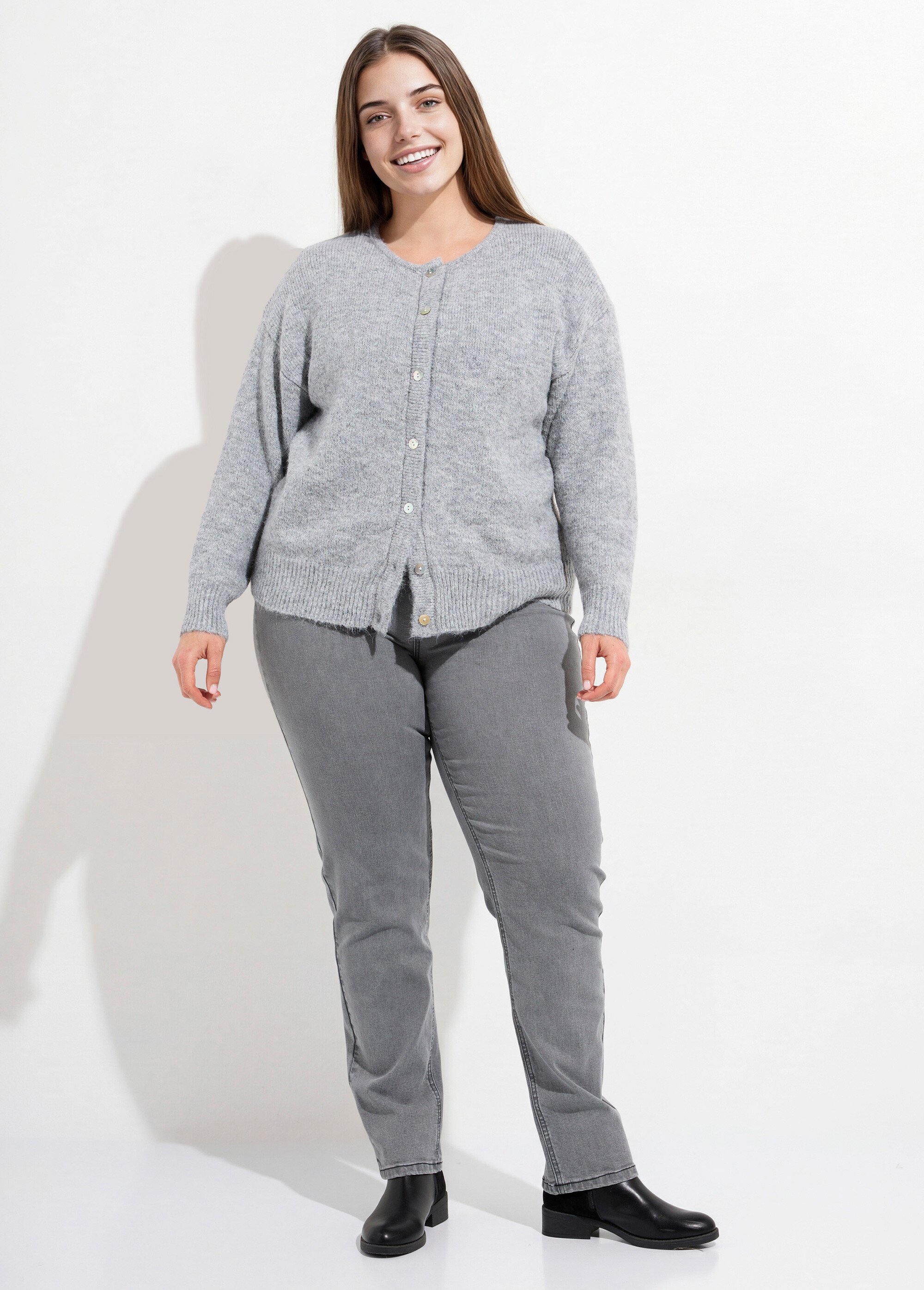 Gilet chaud col rond, maille avec laine Femme Grande Taille Gris MA-68389-5 SF1