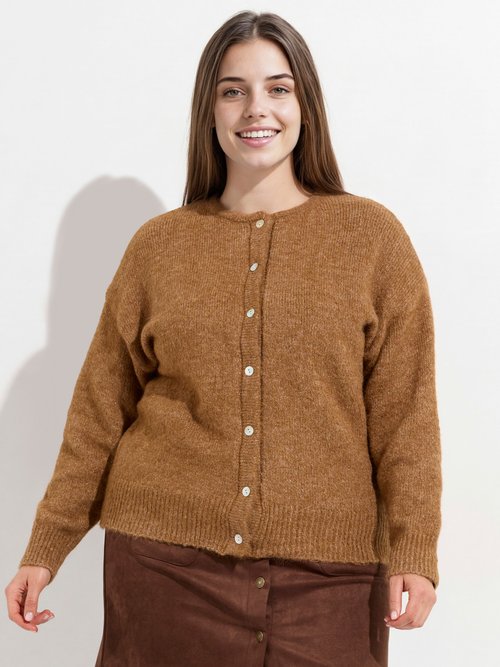 Gilet chaud col rond, maille avec laine Femme Grande Taille Marron MA-68389-5 FA1