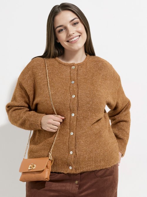 Gilet chaud col rond, maille avec laine Femme Grande Taille Marron MA-68389-5 MV1