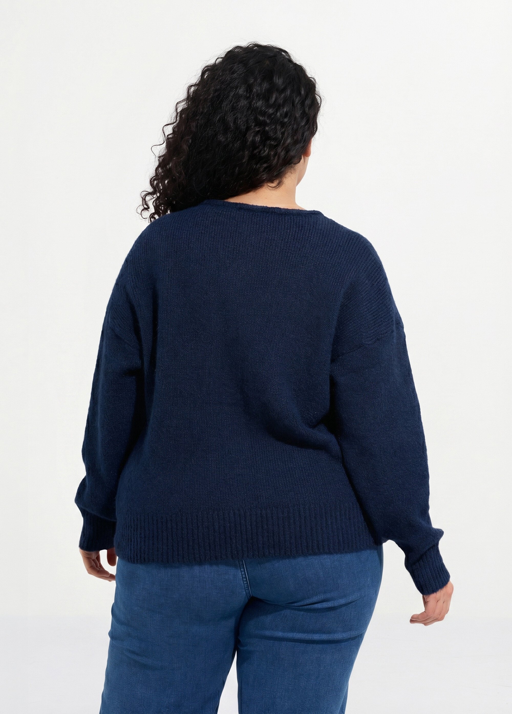 Gilet chaud col rond, maille avec laine Femme Grande Taille Bleu MA-68389-5 DO1