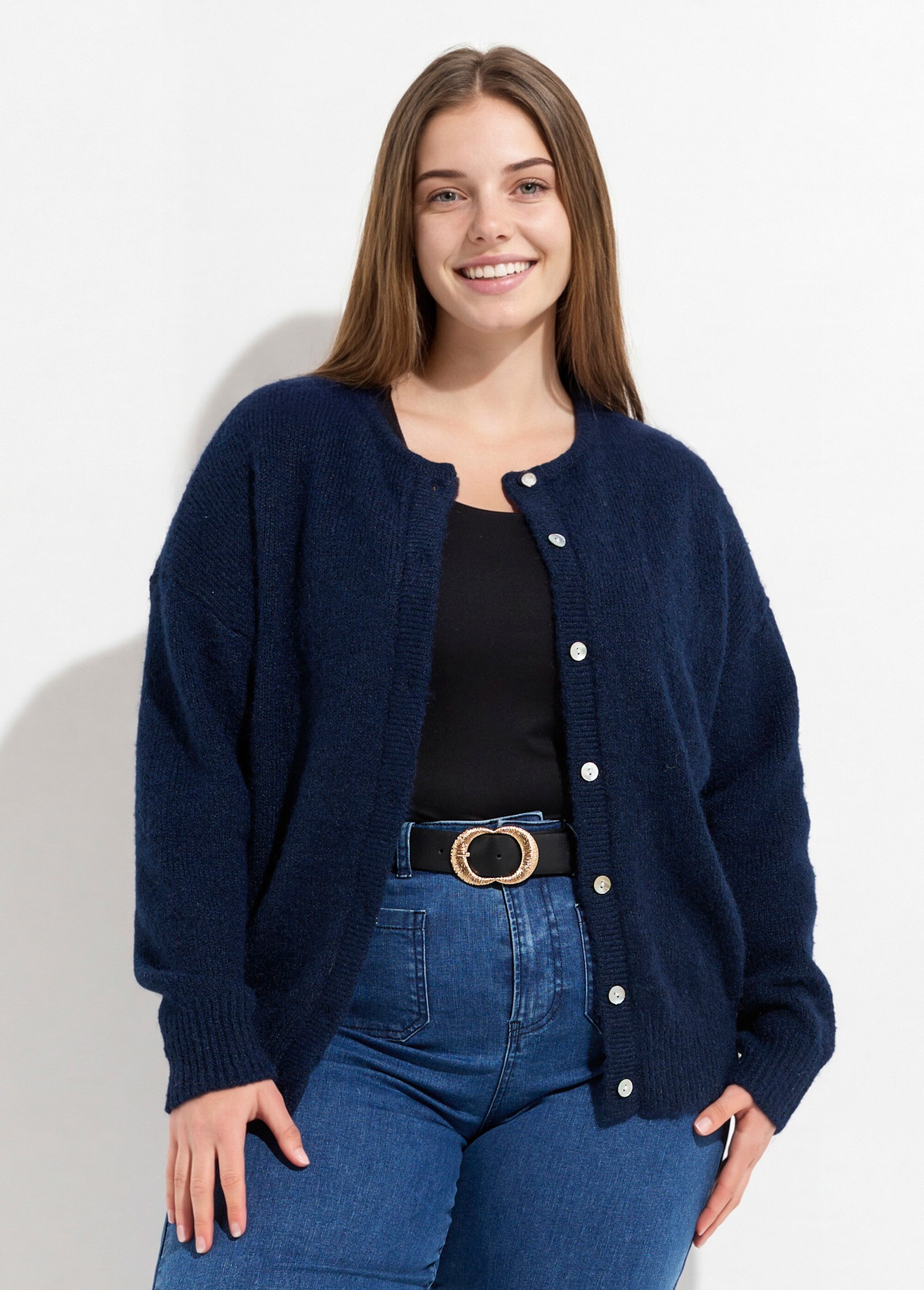 Gilet chaud col rond, maille avec laine Femme Grande Taille Bleu MA-68389-5 FA1