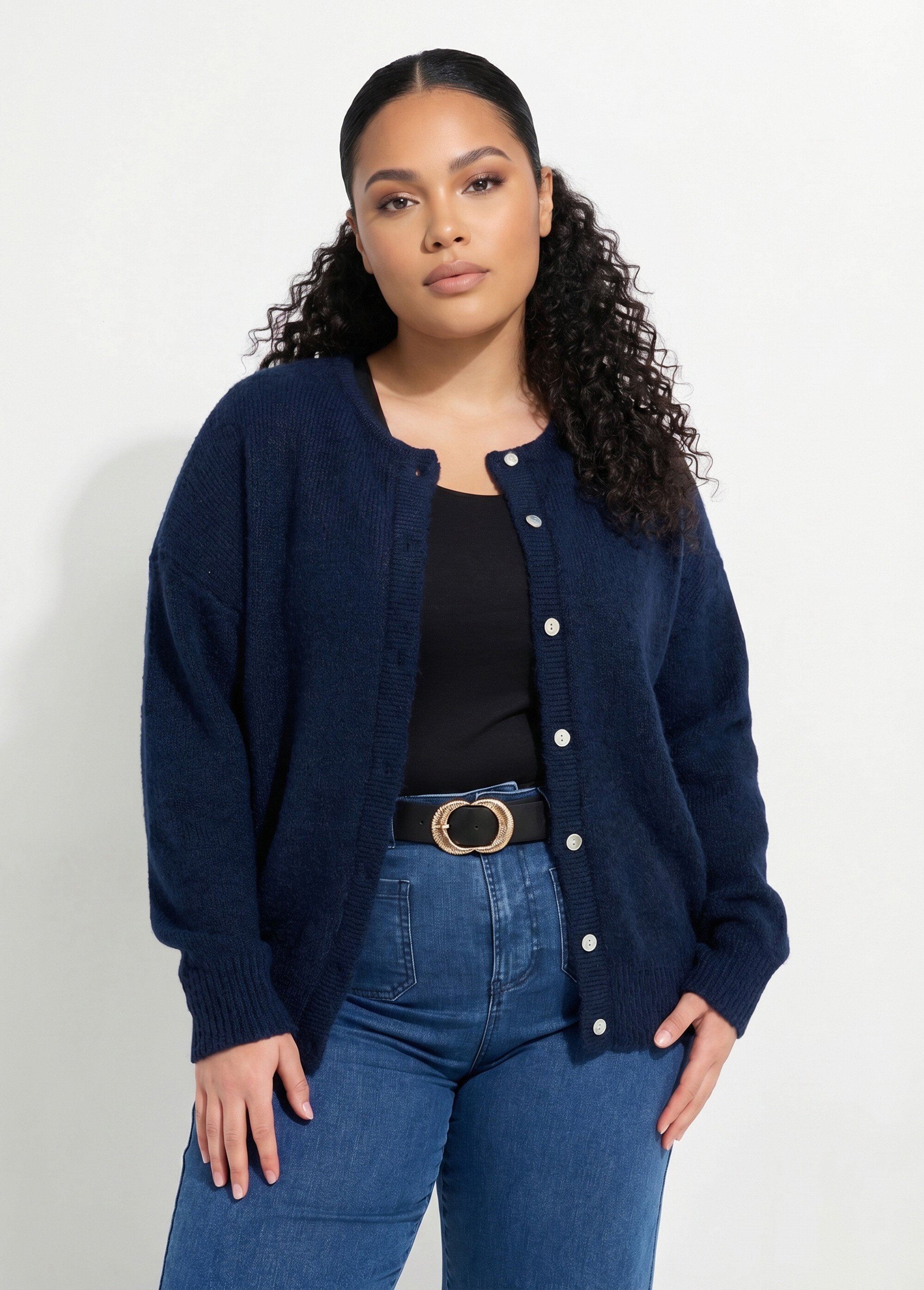 Gilet chaud col rond, maille avec laine Femme Grande Taille Bleu MA-68389-5 FA1
