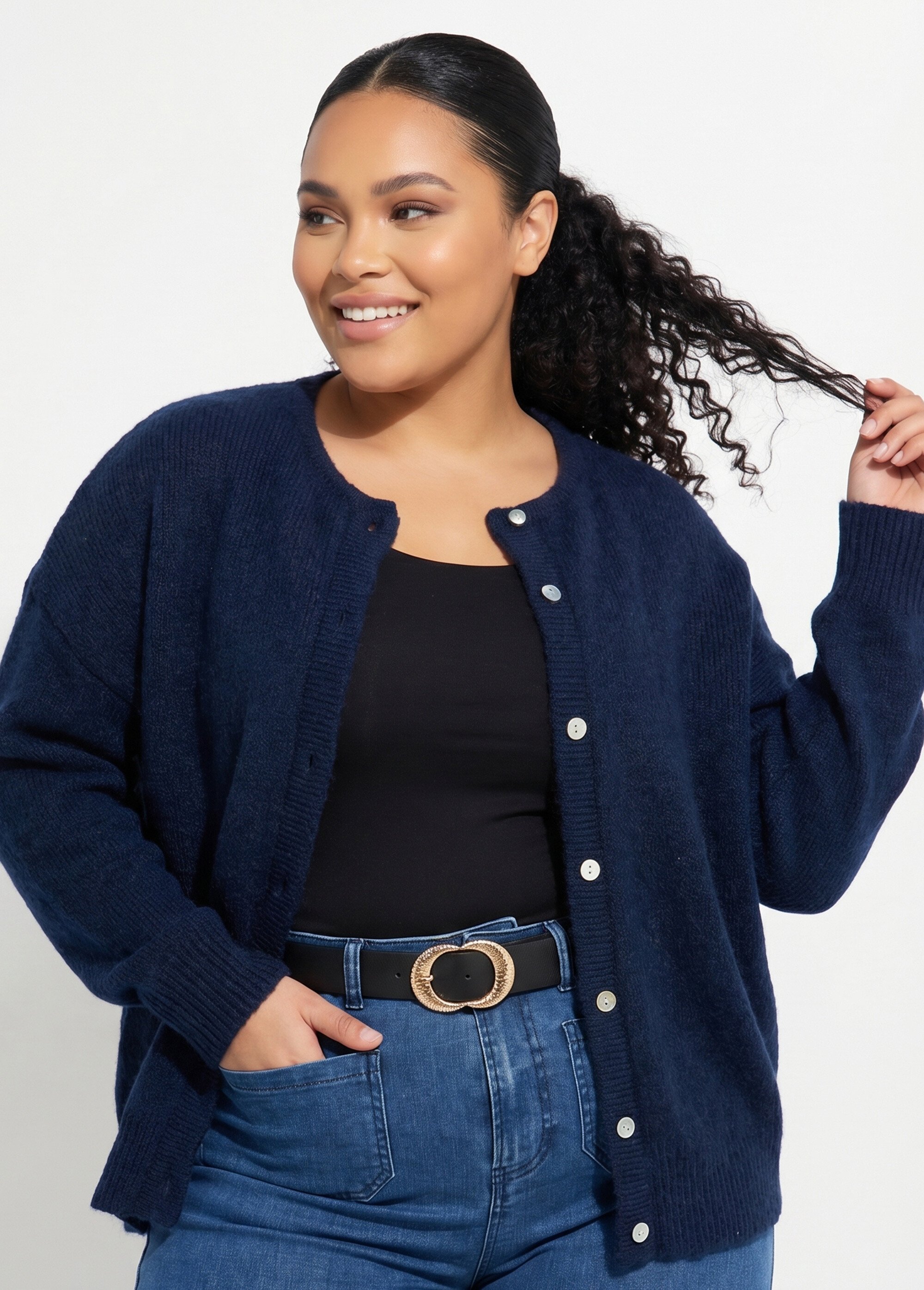 Gilet chaud col rond, maille avec laine Femme Grande Taille Bleu MA-68389-5 MV1