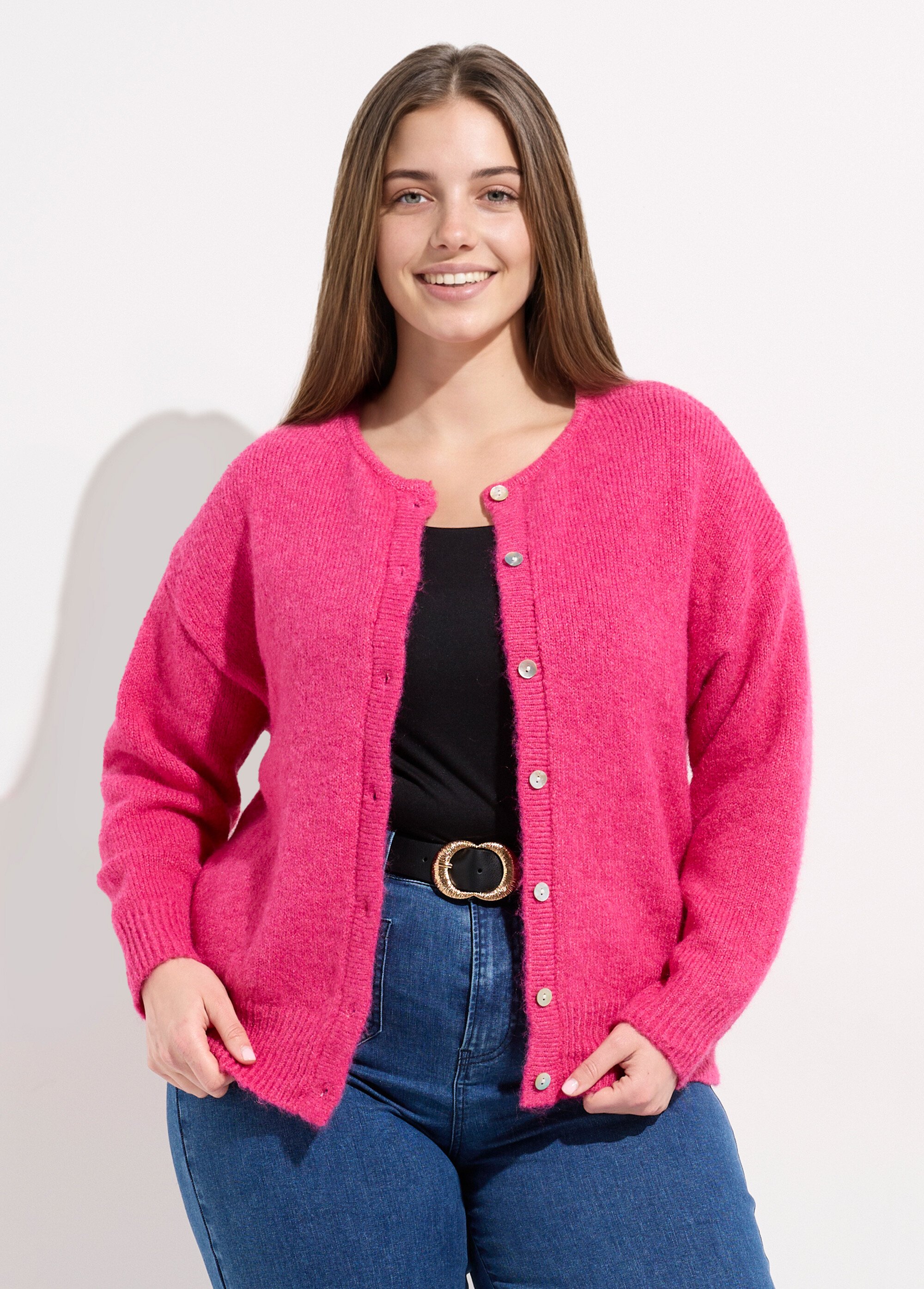 Gilet chaud col rond, maille avec laine Femme Grande Taille Rose MA-68389-5 FA1