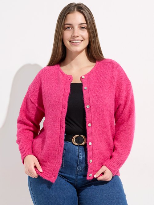 Gilet chaud col rond, maille avec laine Femme Grande Taille Rose MA-68389-5 FA1