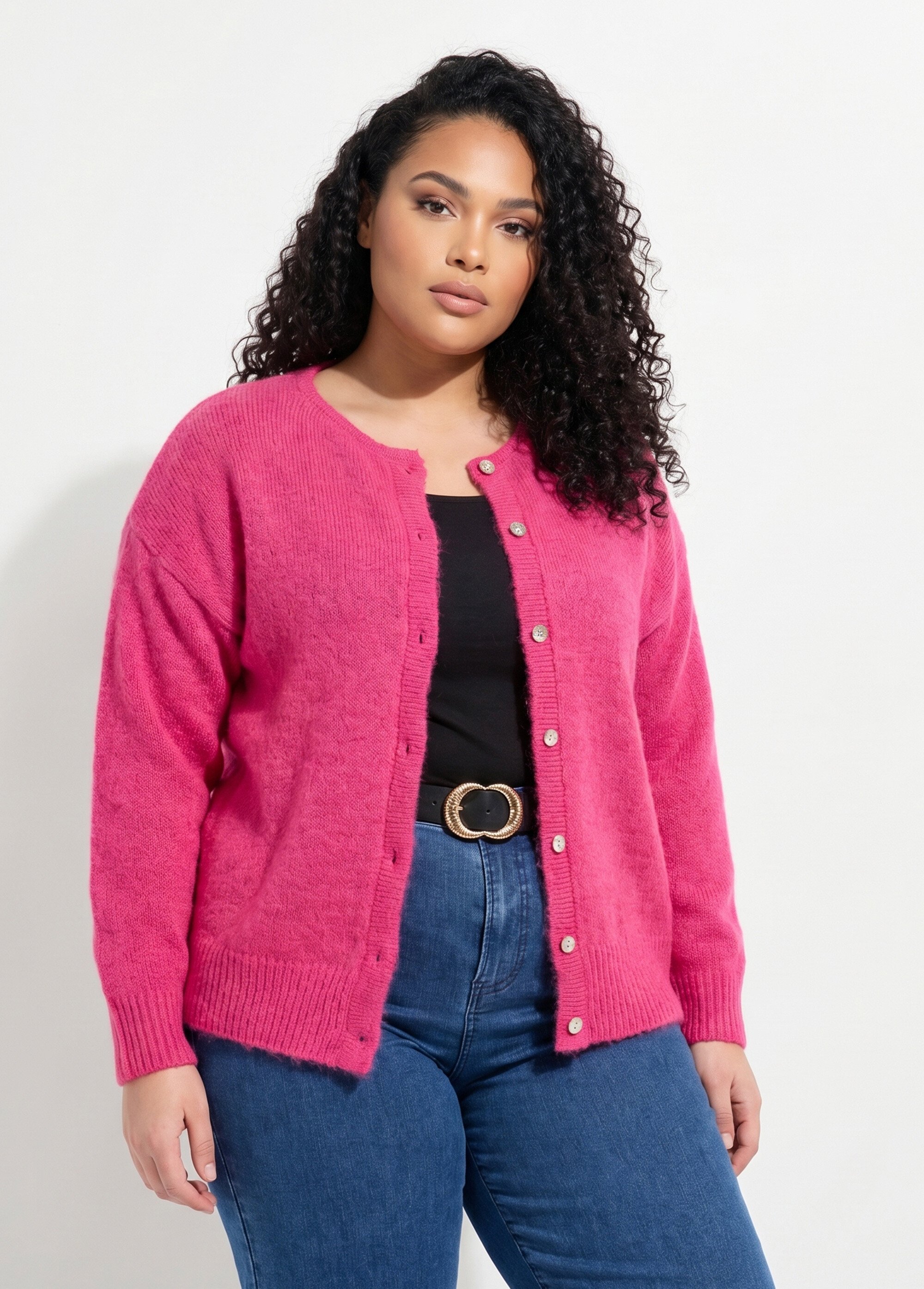 Gilet chaud col rond, maille avec laine Femme Grande Taille Rose MA-68389-5 FA1