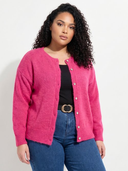 Gilet chaud col rond, maille avec laine Femme Grande Taille Rose MA-68389-5 FA1