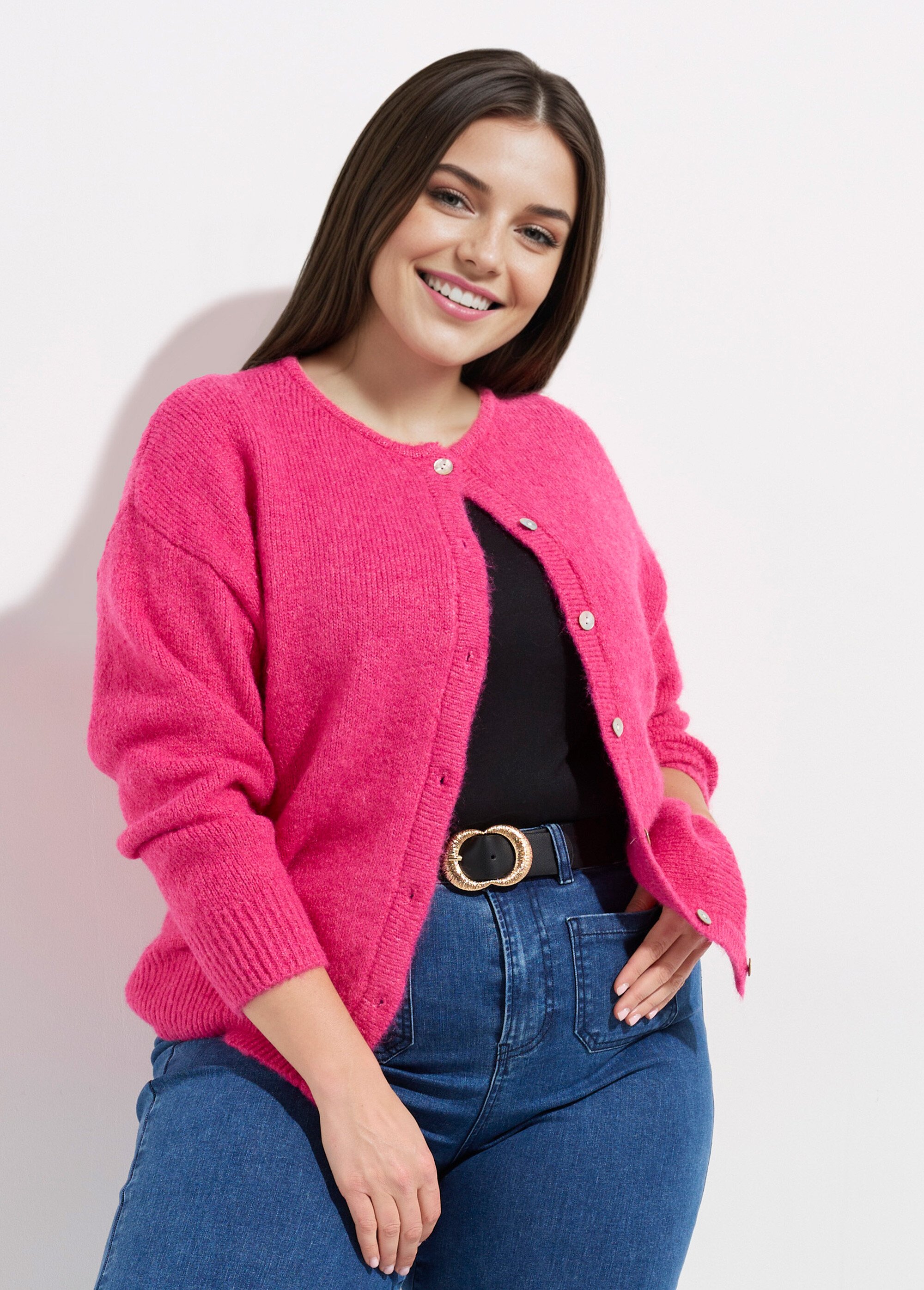 Gilet chaud col rond, maille avec laine Femme Grande Taille Rose MA-68389-5 MV1