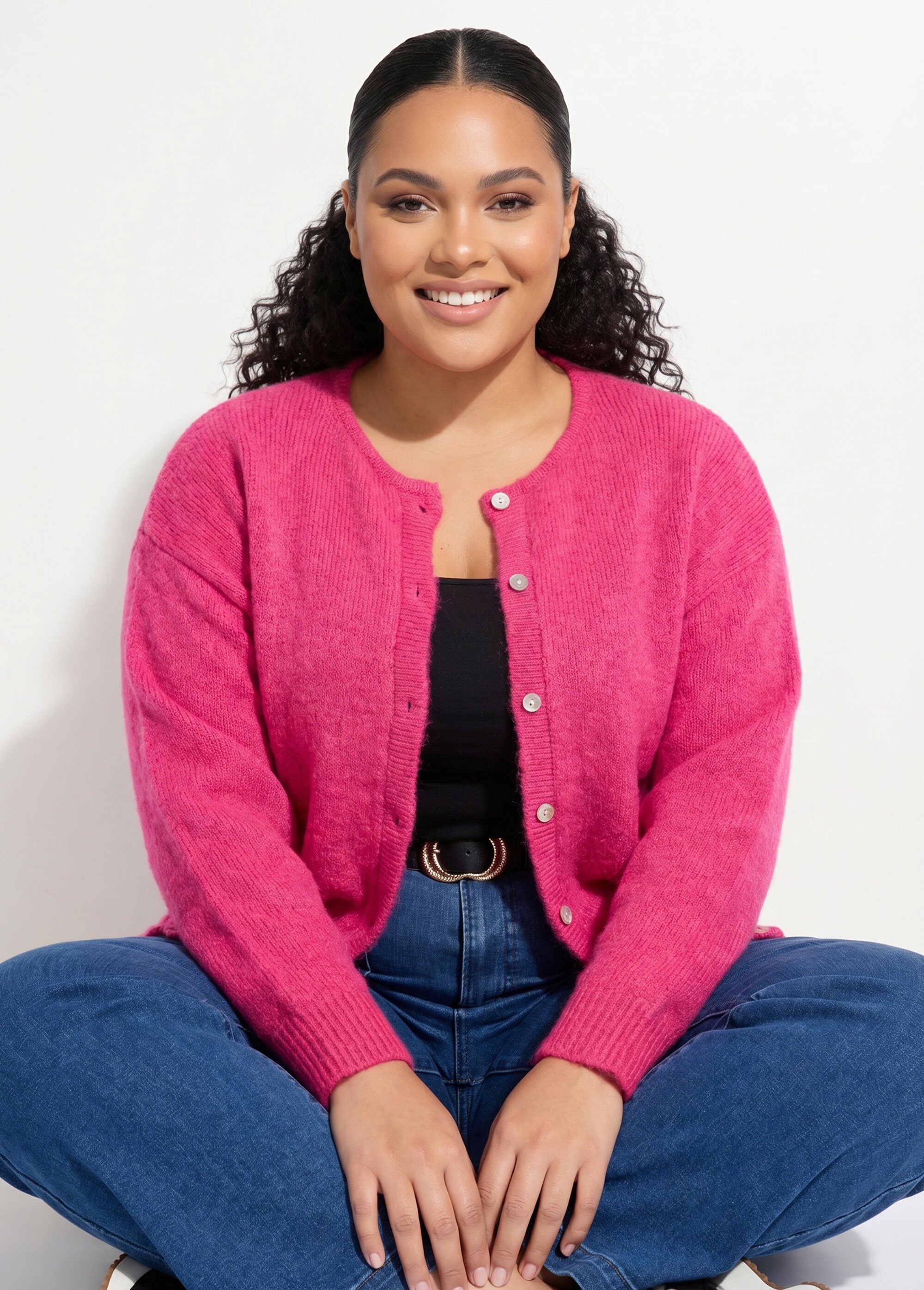 Gilet chaud col rond, maille avec laine Femme Grande Taille Rose MA-68389-5 MV1