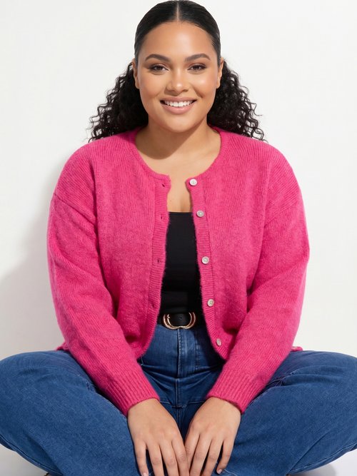 Gilet chaud col rond, maille avec laine Femme Grande Taille Rose MA-68389-5 MV1