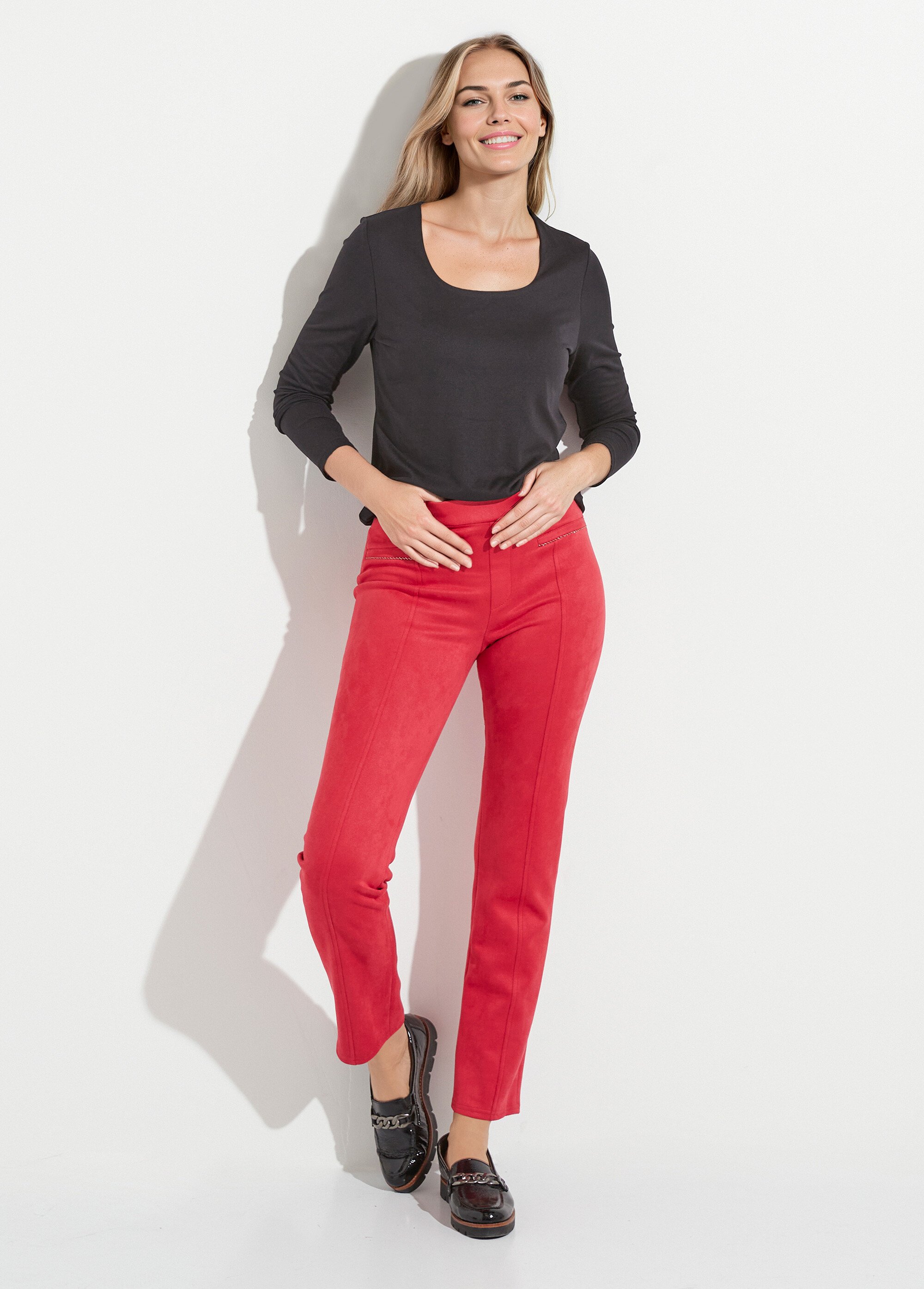 Pantalon droit tissu suédé ceinture élastiquée ventre plat Femme Rouge NALIA MV1
