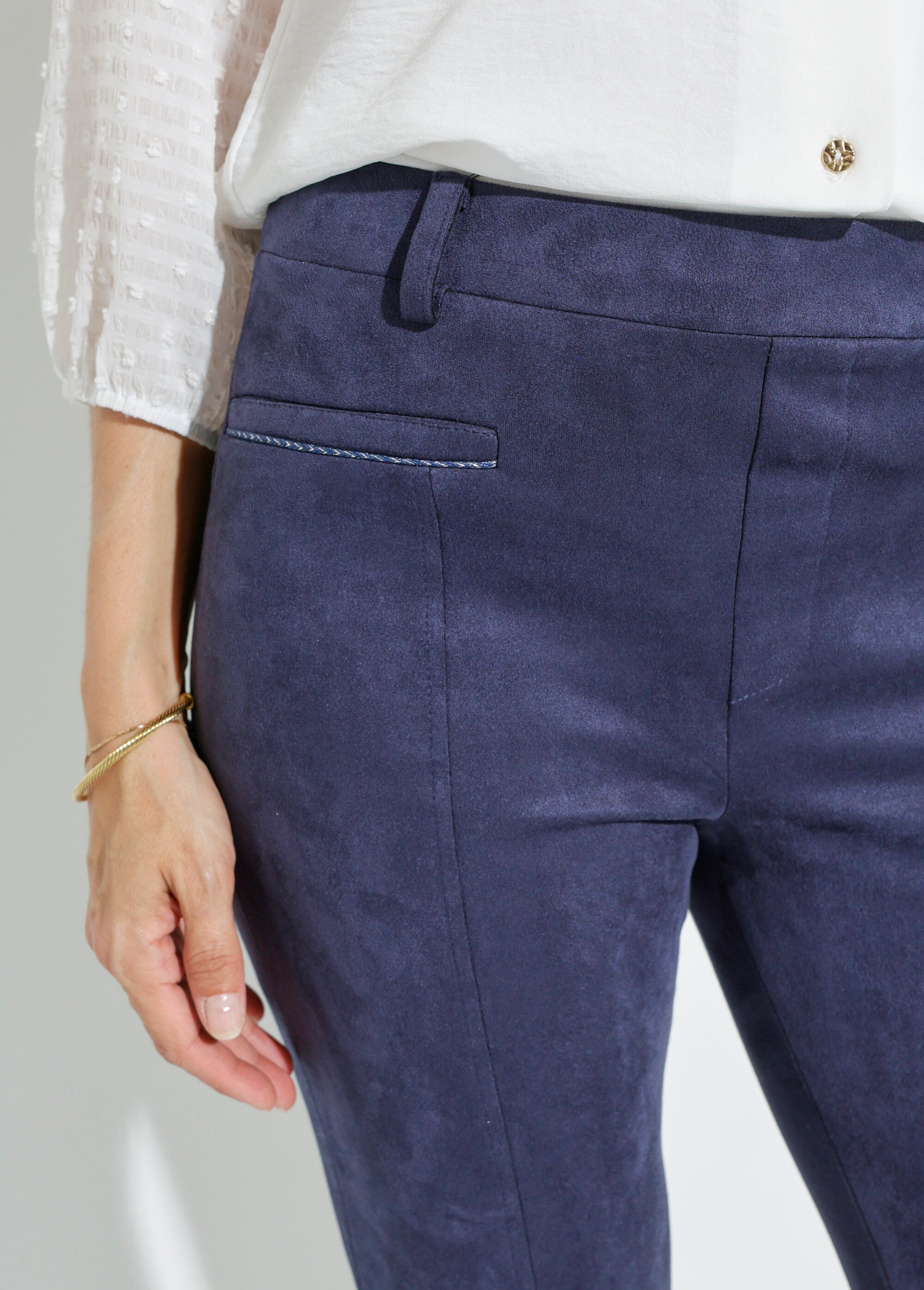 Pantalon droit tissu suédé ceinture élastiquée ventre plat Femme Bleu NALIA DE1