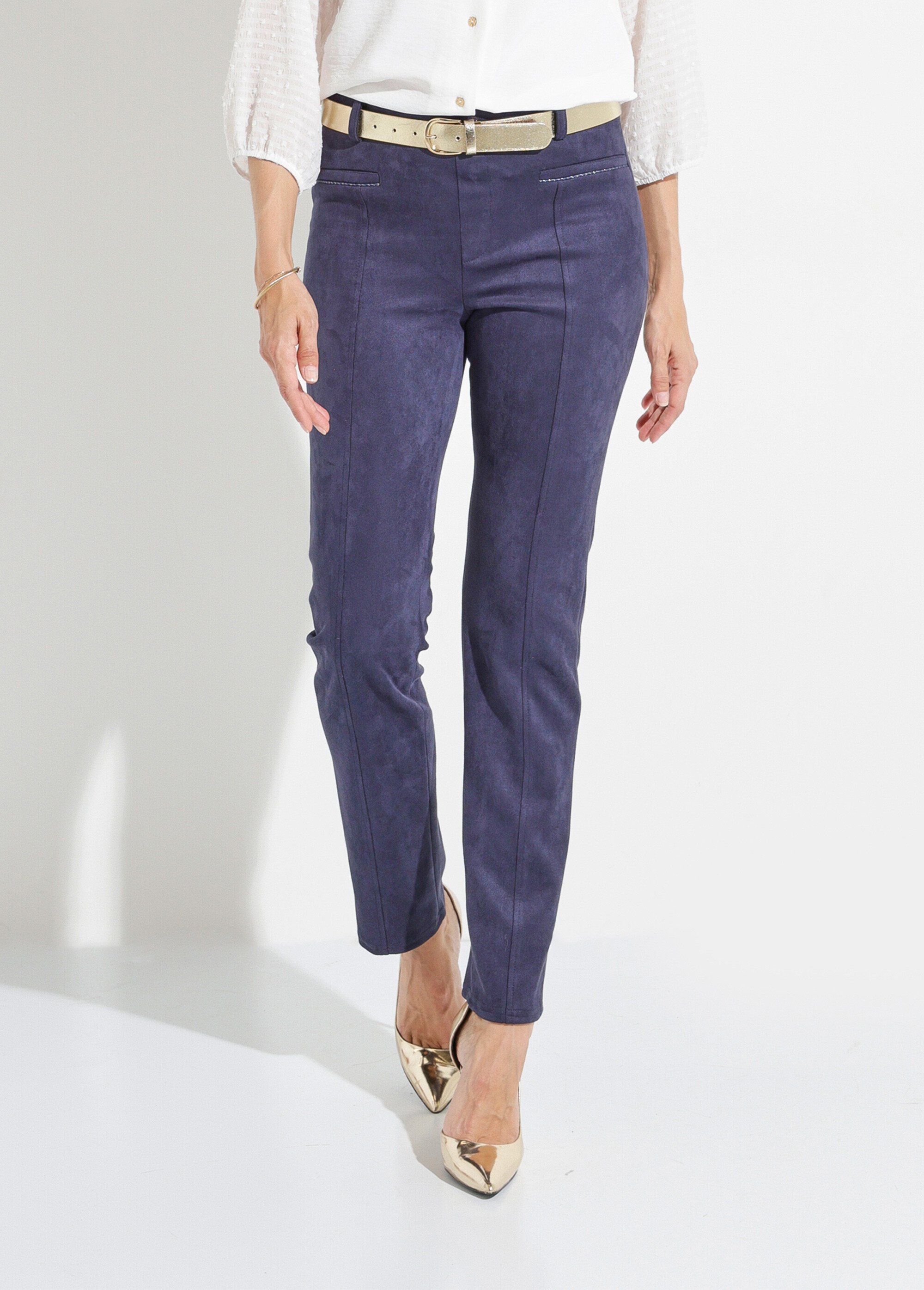 Pantalon droit tissu suédé ceinture élastiquée ventre plat Femme Bleu NALIA FA1