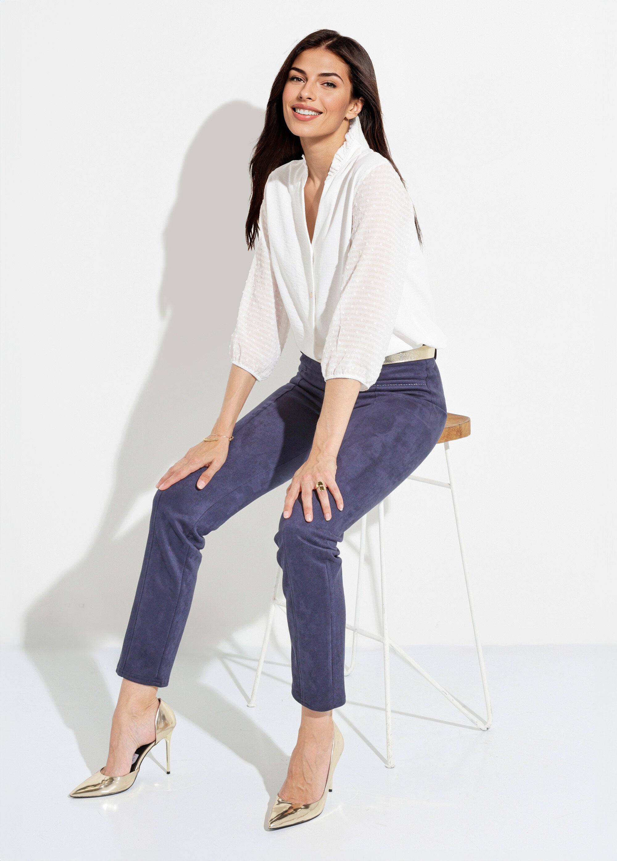 Pantalon droit tissu suédé ceinture élastiquée ventre plat Femme Bleu NALIA MV1