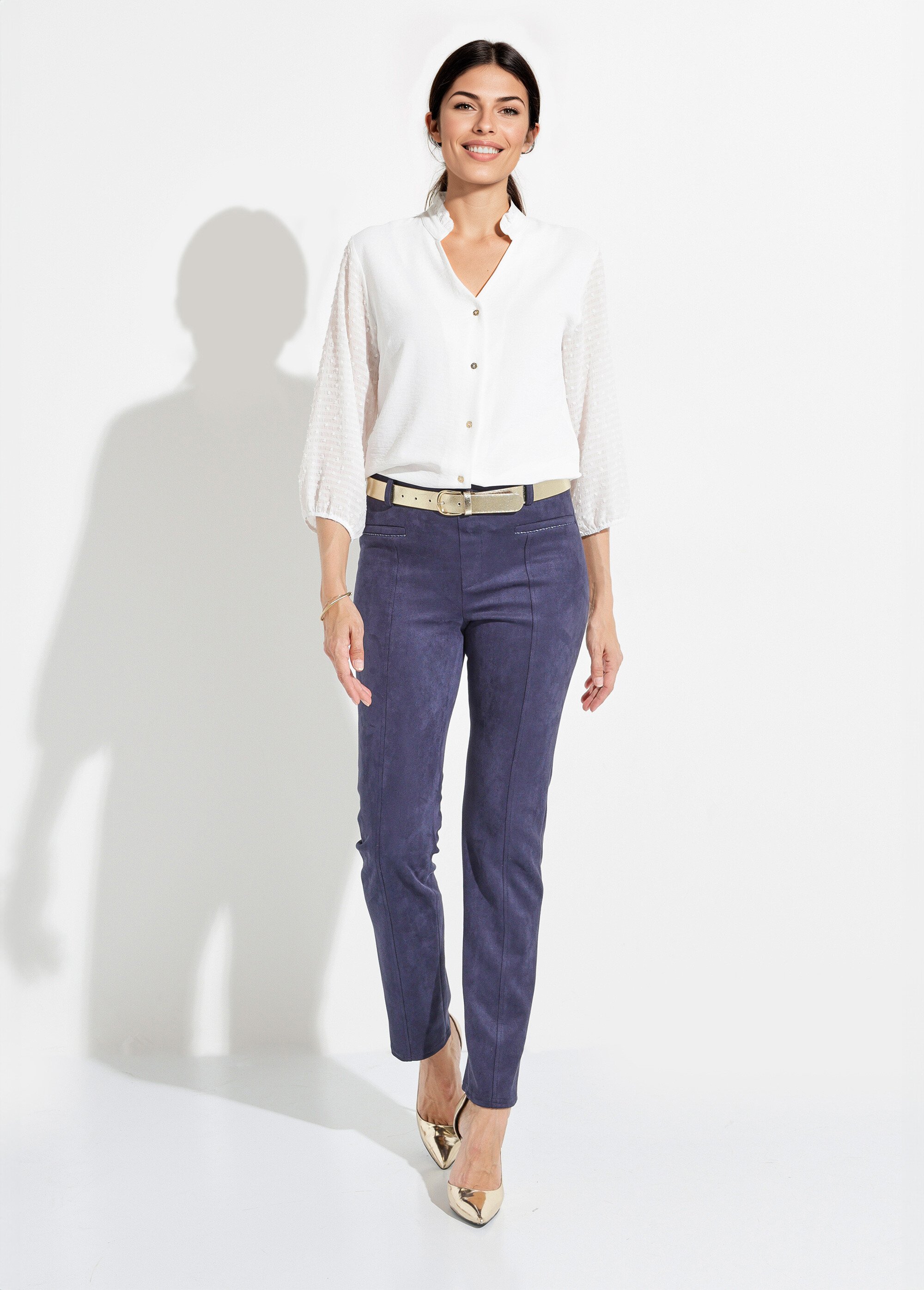 Pantalon droit tissu suédé ceinture élastiquée ventre plat Femme Bleu NALIA SF1