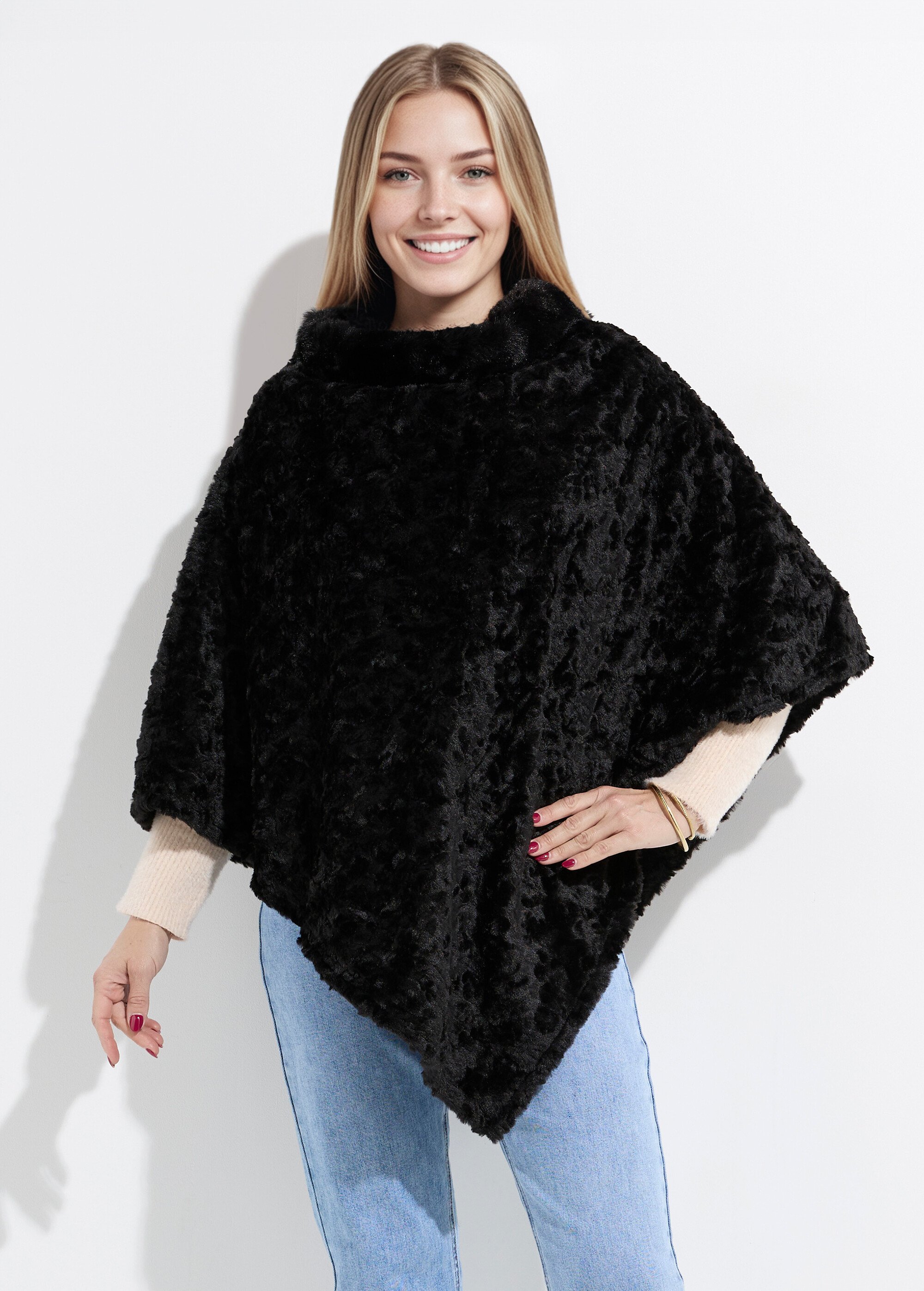 Poncho col montant en polaire façon sherpa Femme Noir NES180POW2402 FA1