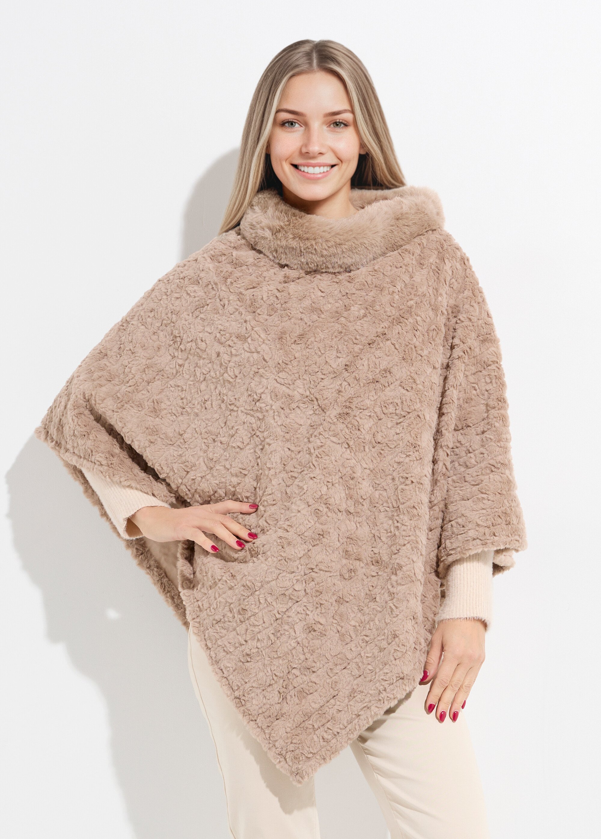 Poncho col montant en polaire façon sherpa Femme Marron NES180POW2402 FA1