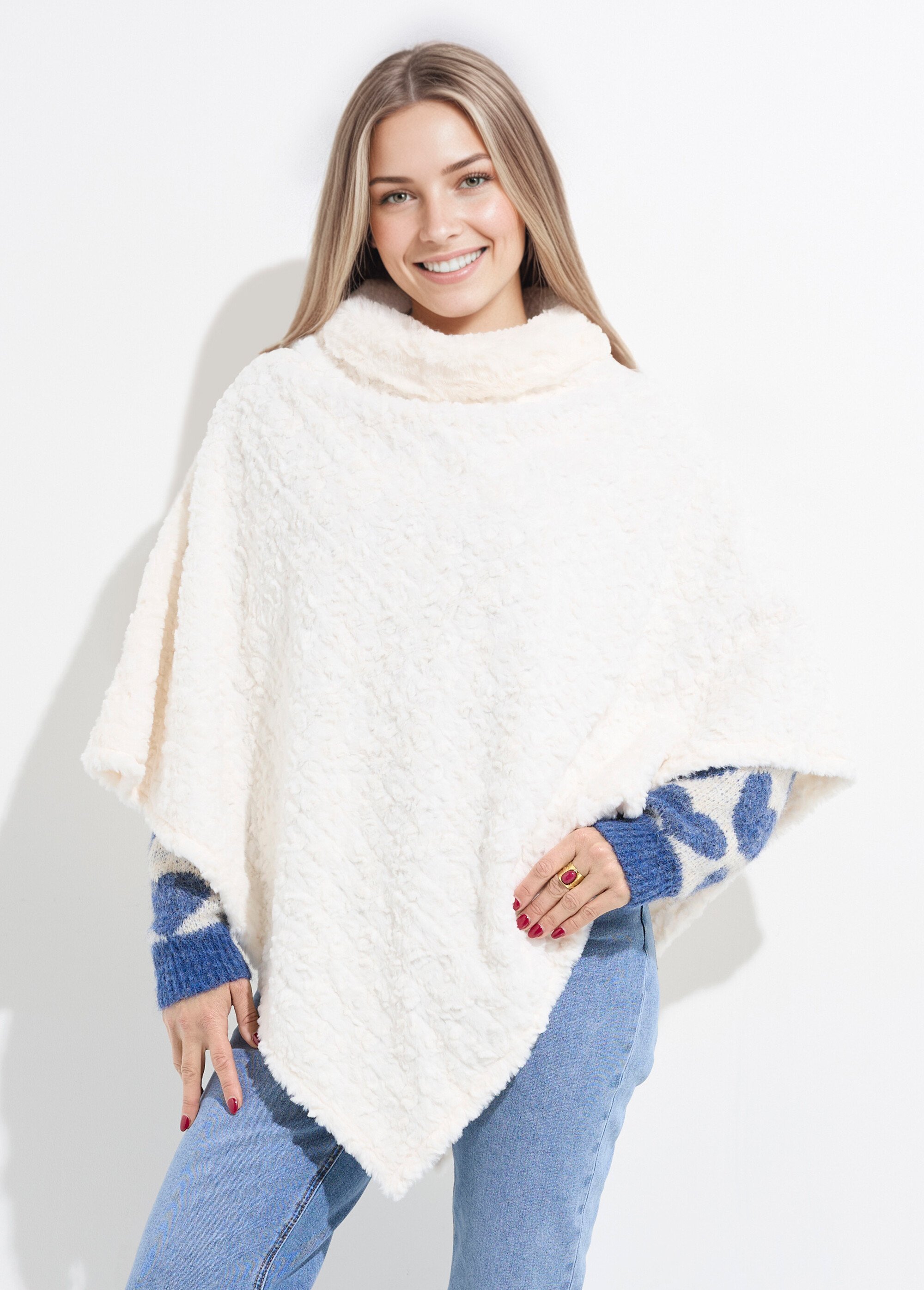 Poncho col montant en polaire façon sherpa Femme Beige NES180POW2402 FA1