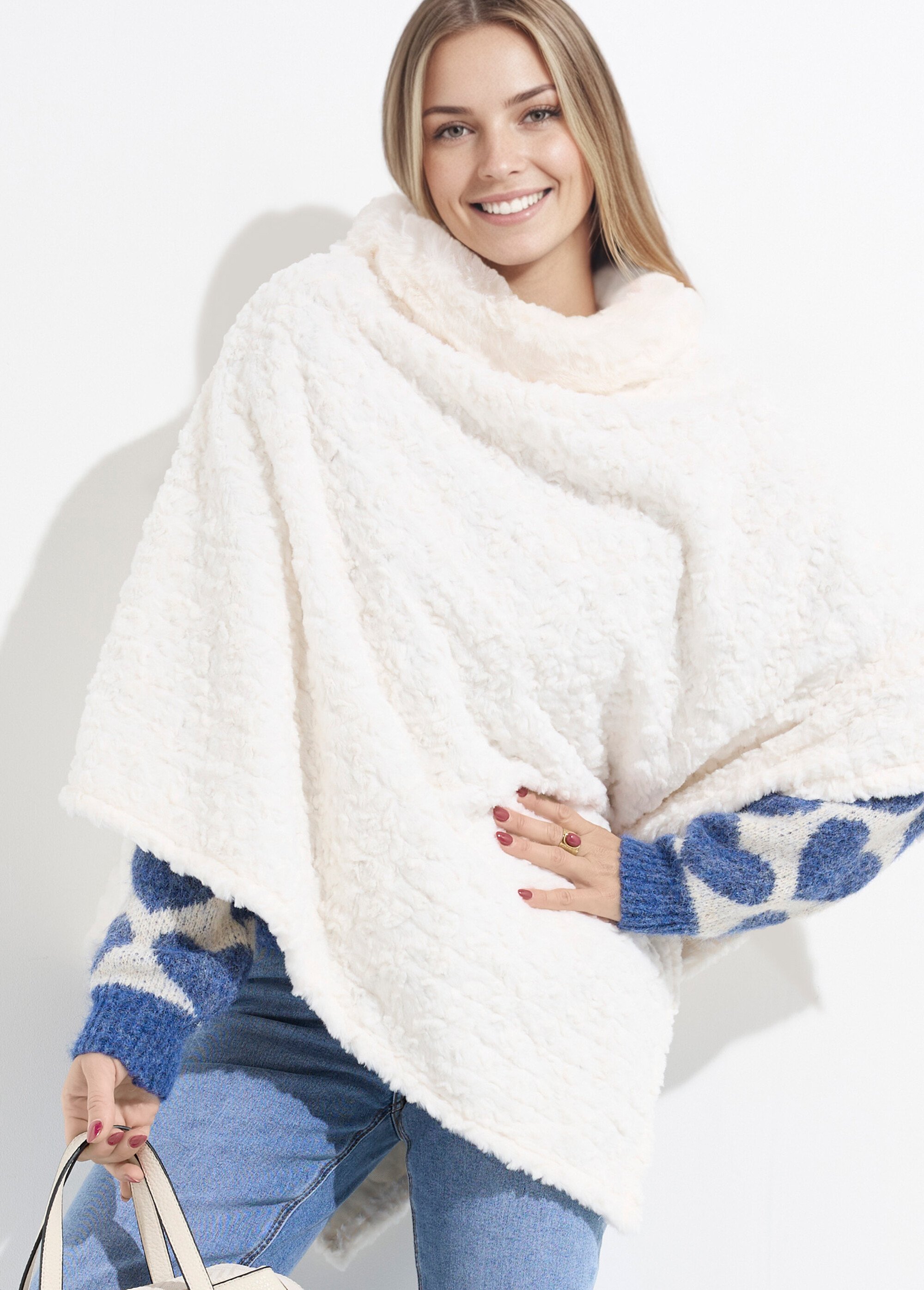 Poncho col montant en polaire façon sherpa Femme Beige NES180POW2402 MV1