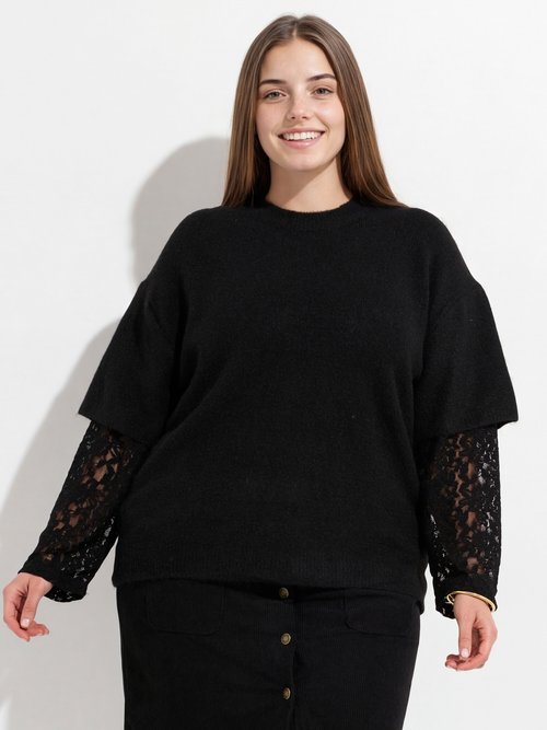 Pull chaud avec laine, manches dentelle Femme Grande Taille Noir MA-F73013-5 FA1
