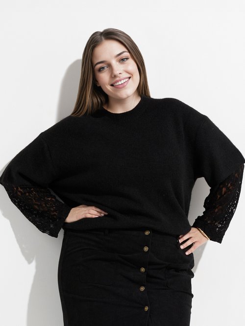 Pull chaud avec laine, manches dentelle Femme Grande Taille Noir MA-F73013-5 MV1