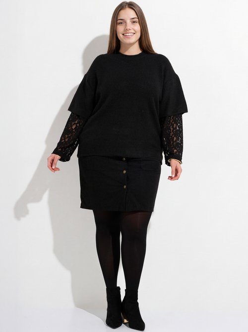 Pull chaud avec laine, manches dentelle Femme Grande Taille Noir MA-F73013-5 SF1