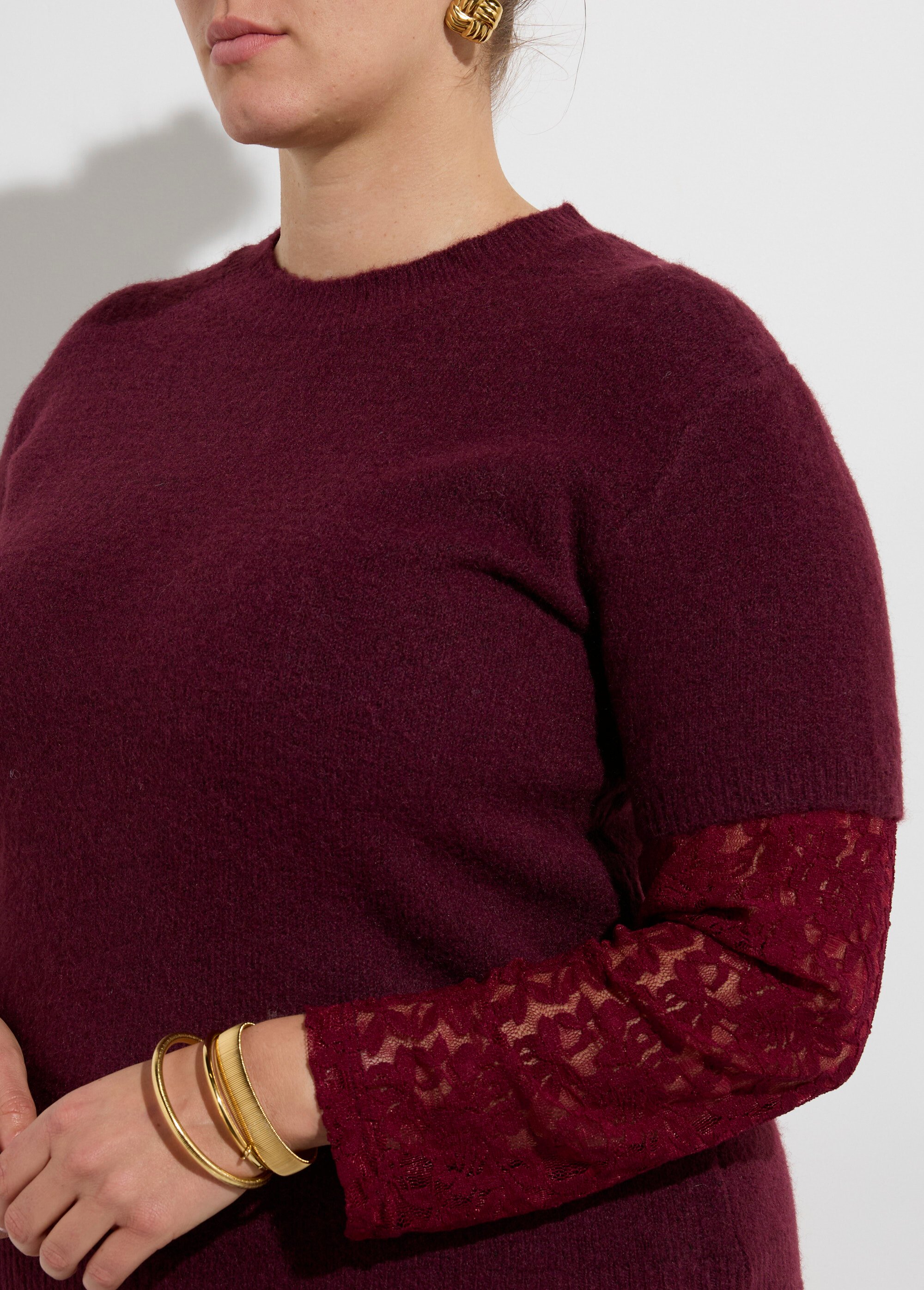 Pull chaud avec laine, manches dentelle Femme Grande Taille Rouge MA-F73013-5 DE1
