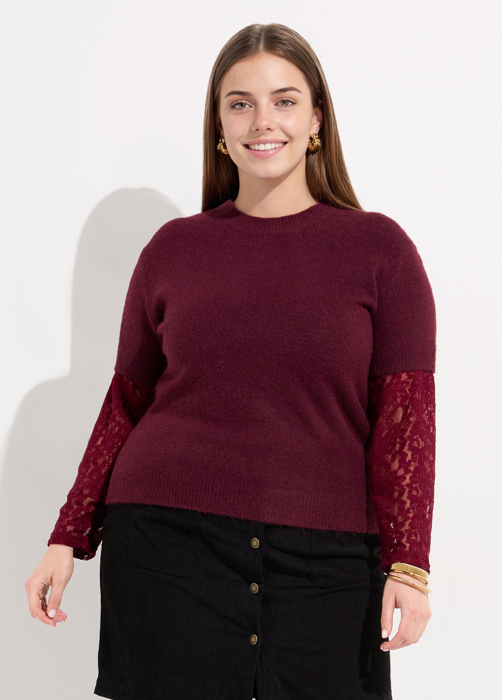 Pull chaud avec laine, manches dentelle Femme Grande Taille Rouge MA-F73013-5 FA1