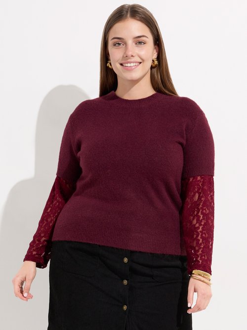 Pull chaud avec laine, manches dentelle Femme Grande Taille Rouge MA-F73013-5 FA1