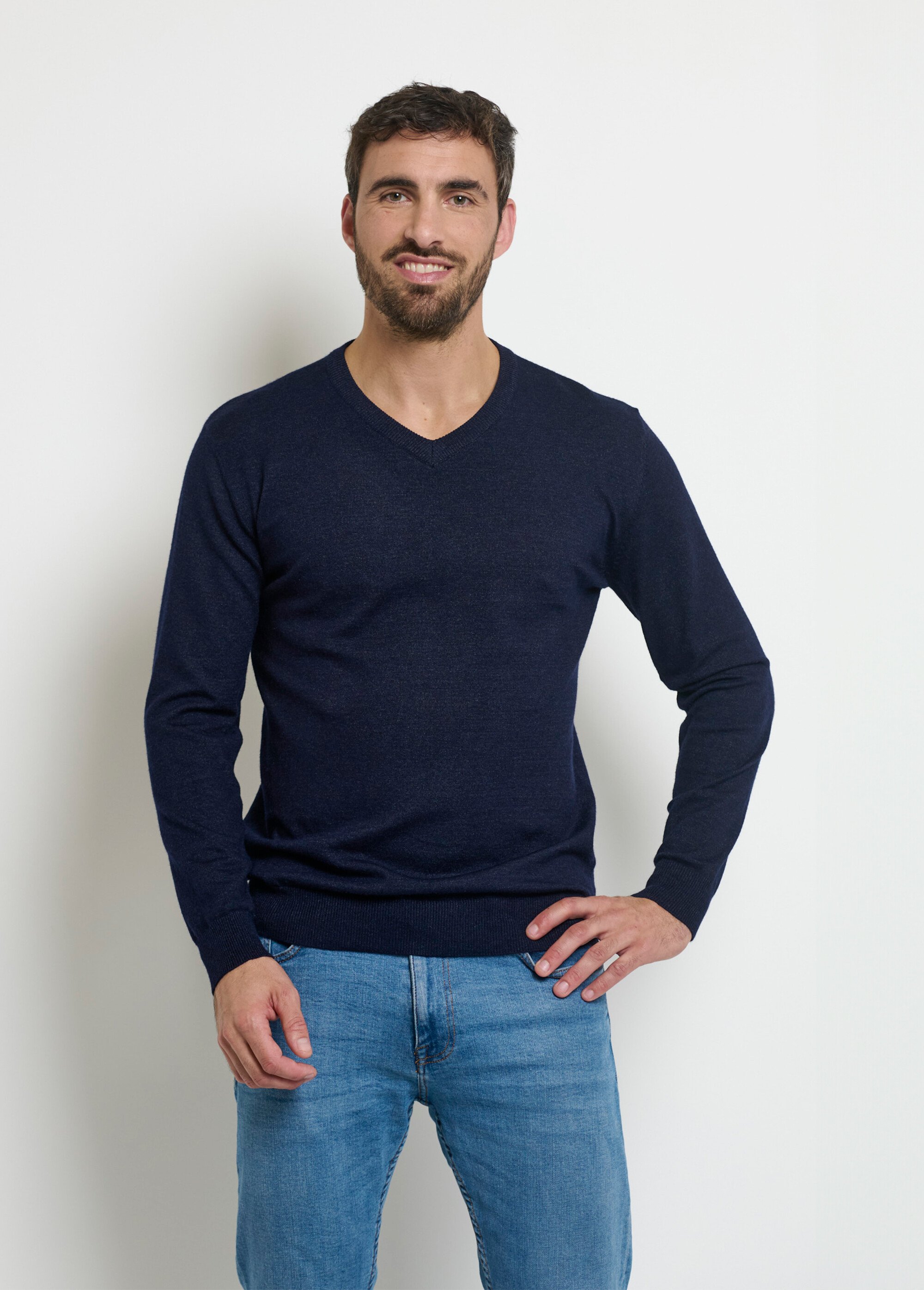 Pull col V maille empiècements coudes Homme MARINE VINTAGE YVE6749V FA2