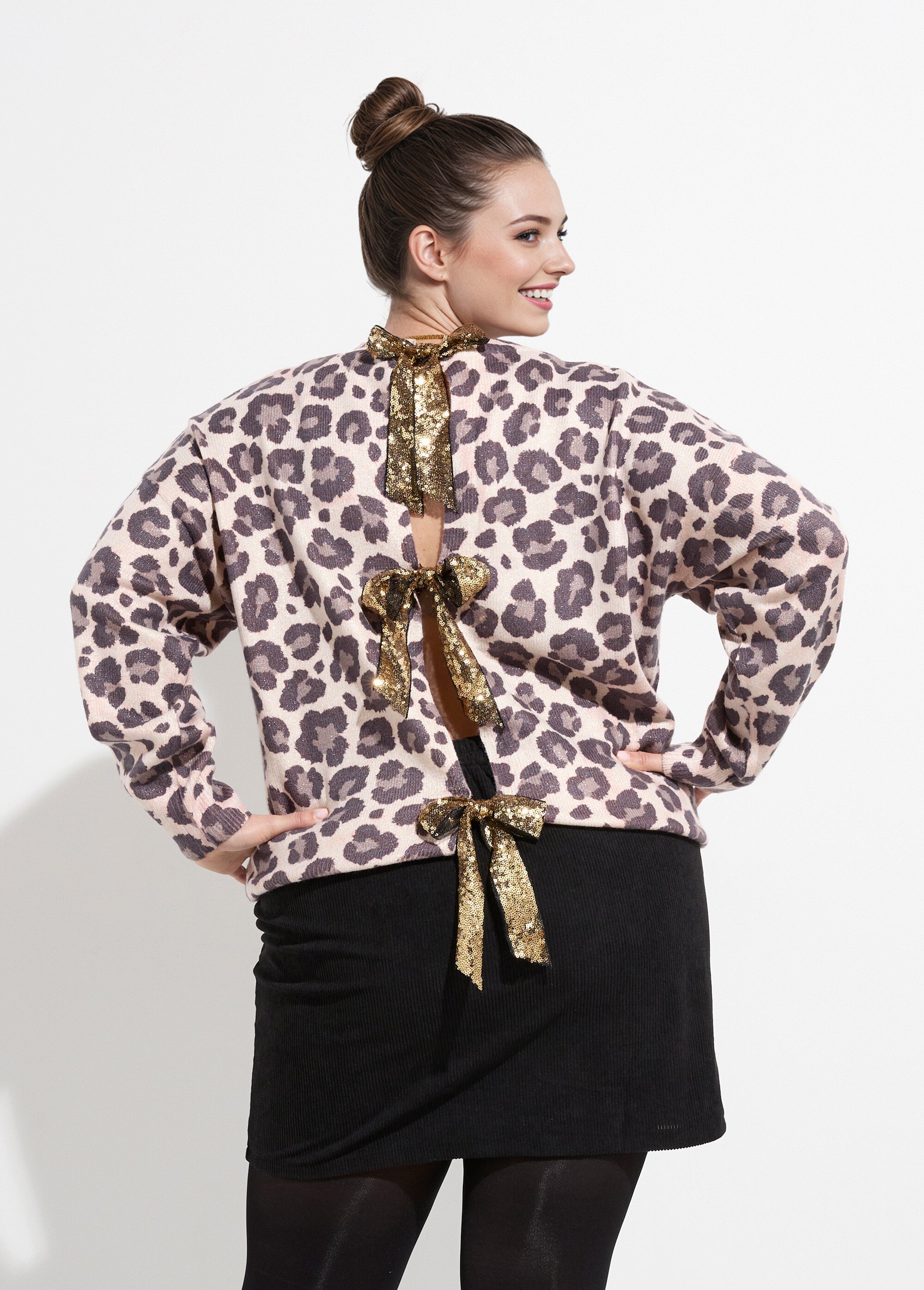 Pull maille léopard et noeuds pailletés Femme Grande Taille Beige MA-601103-5 MV1