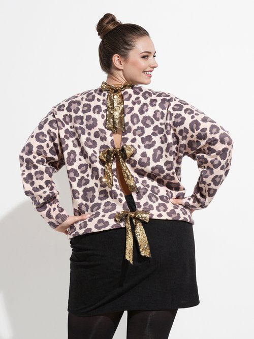 Pull maille léopard et noeuds pailletés Femme Grande Taille Beige MA-601103-5 MV1