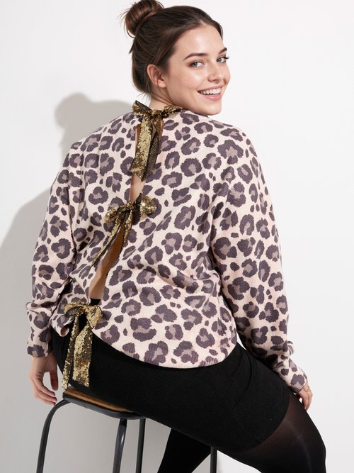 Pull maille léopard et noeuds pailletés Femme Grande Taille Beige MA-601103-5 SI1