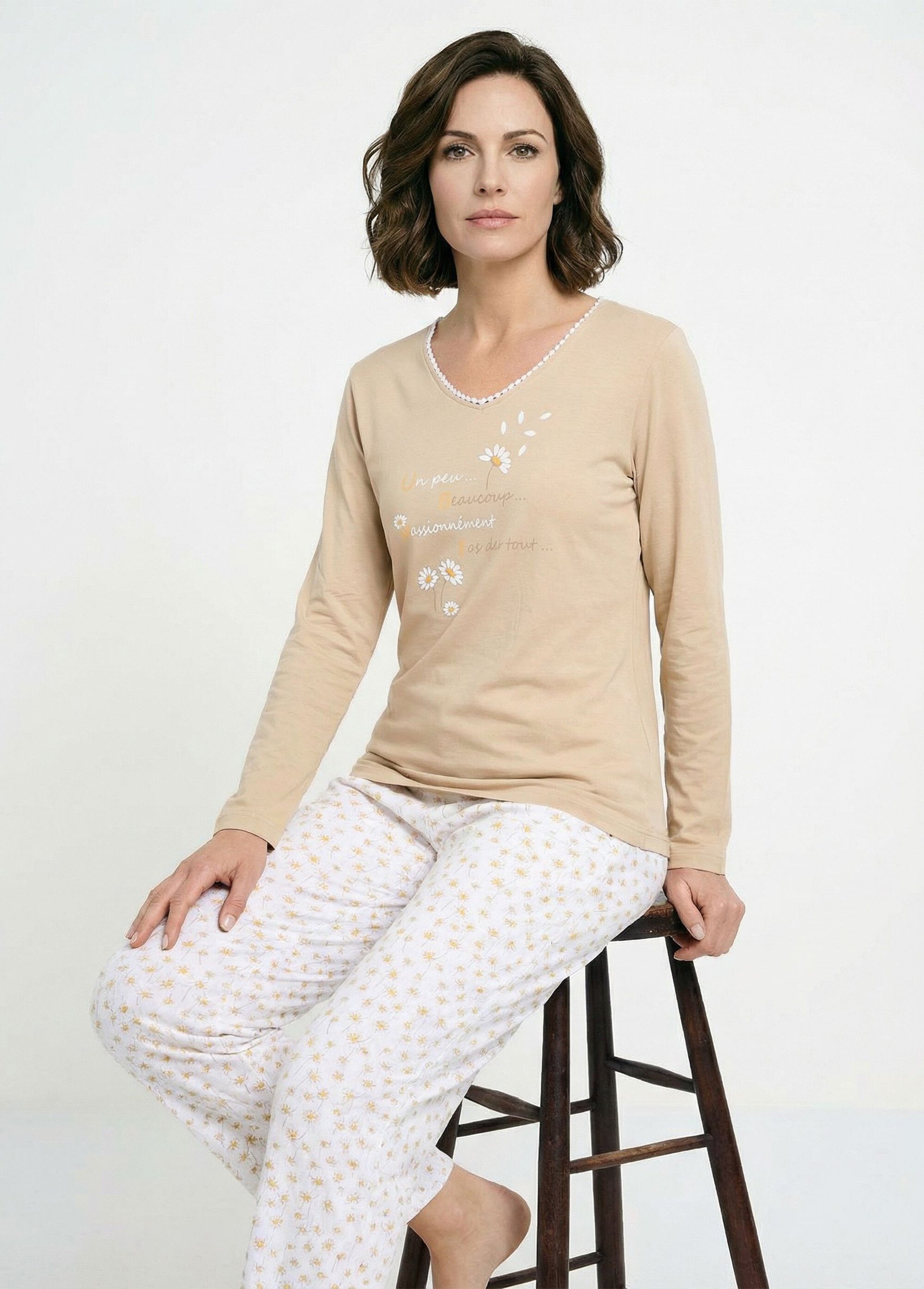 Pyjama coton imprimé pâquerettes Femme Beige SALTO MV1