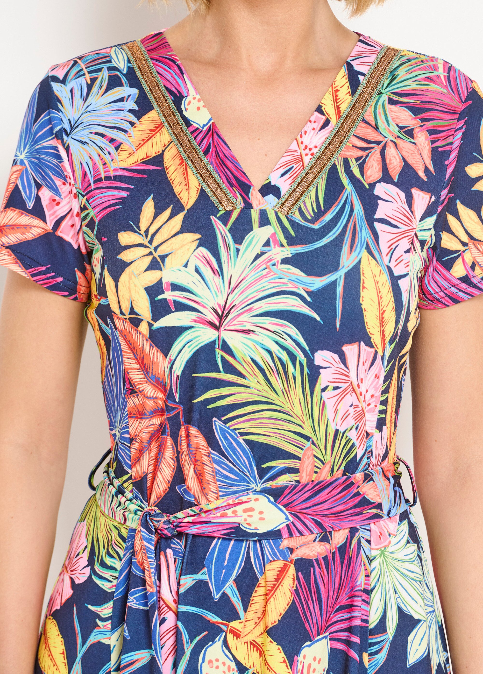 Robe col V courte évasée imprimé feuilles