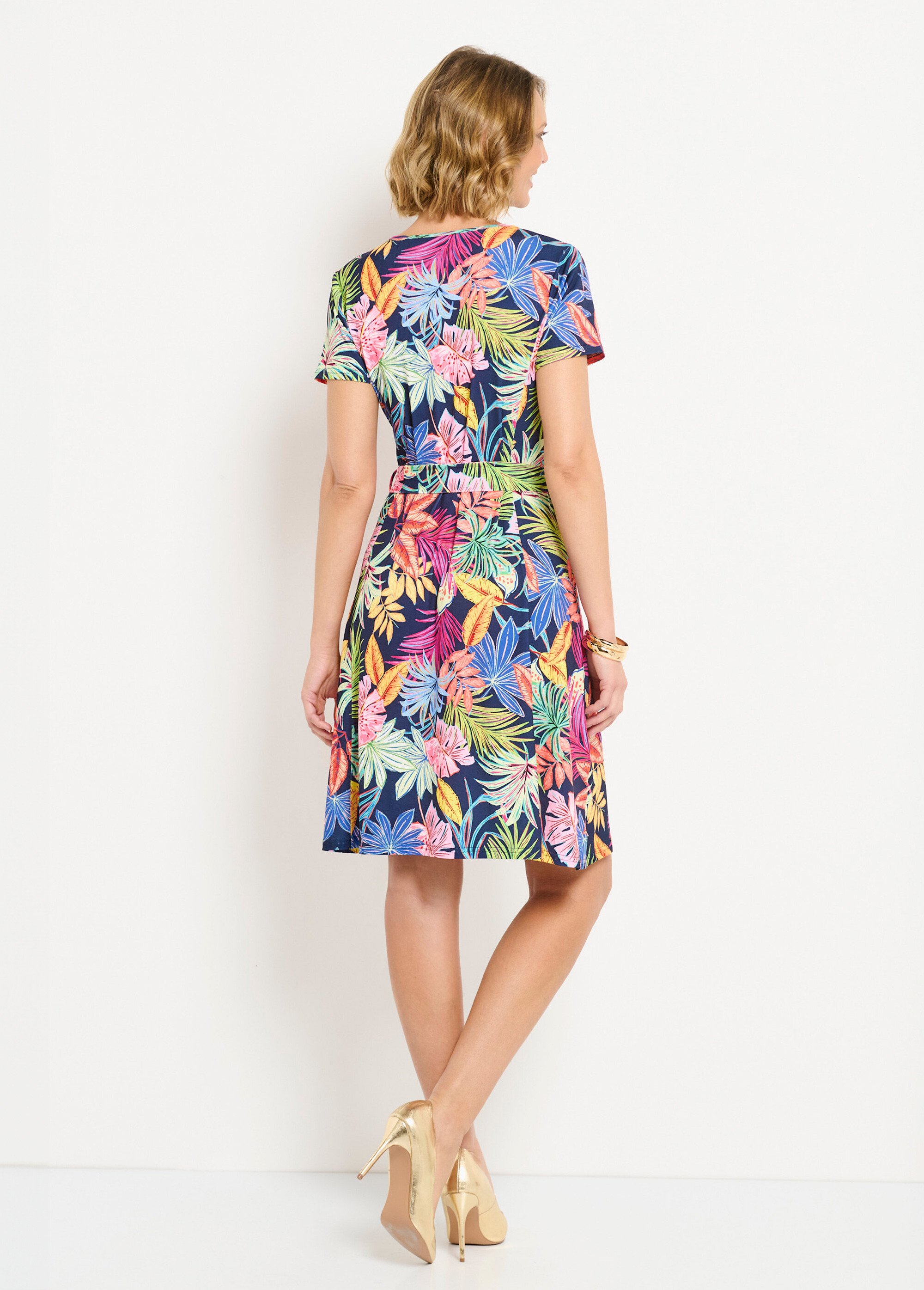 Robe col V courte évasée imprimé feuilles